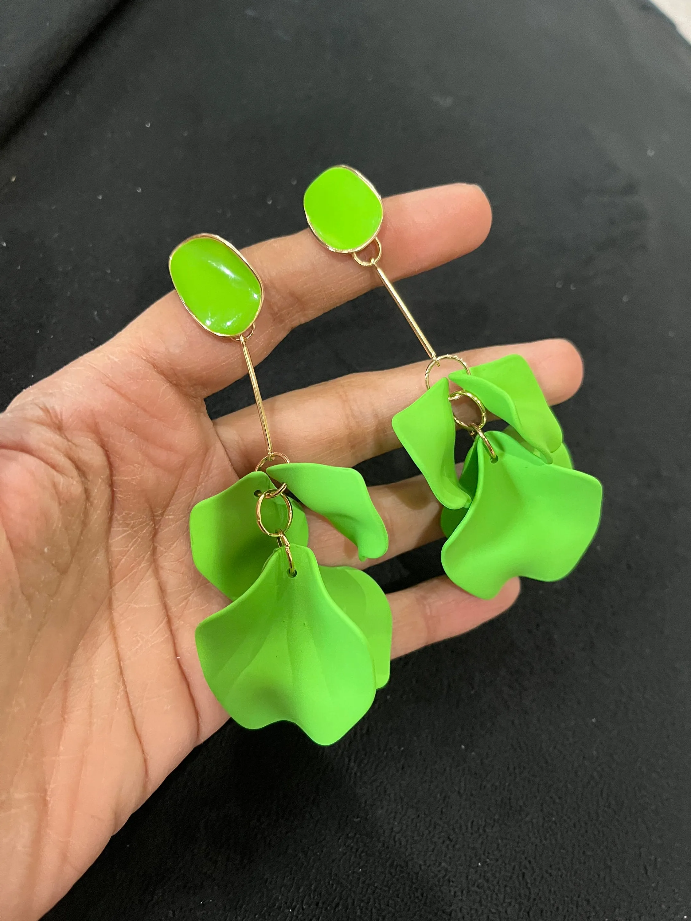 Light Green flower earrings , Lime green petal earrings , bright green acrylic earrings , long rose petal earrings big