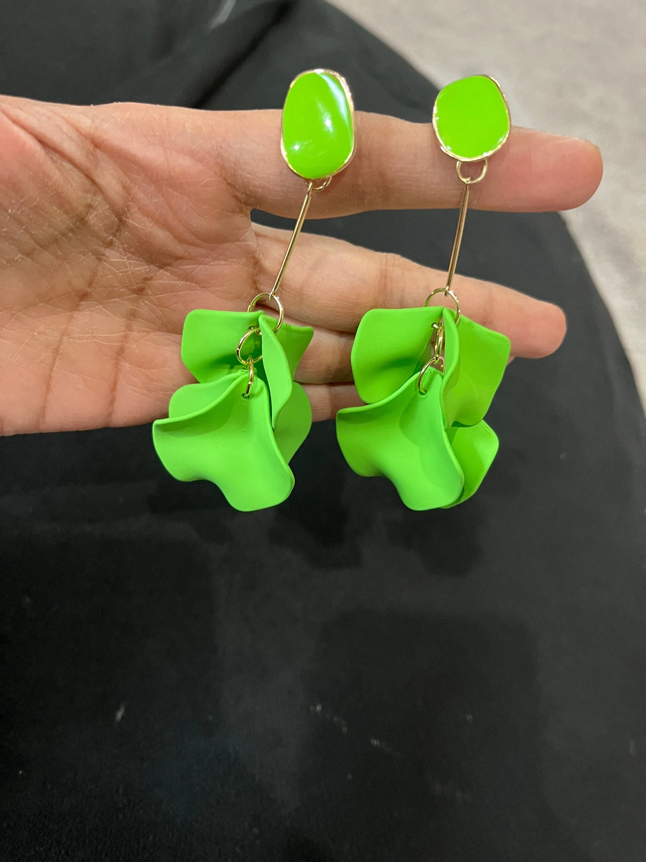 Light Green flower earrings , Lime green petal earrings , bright green acrylic earrings , long rose petal earrings big