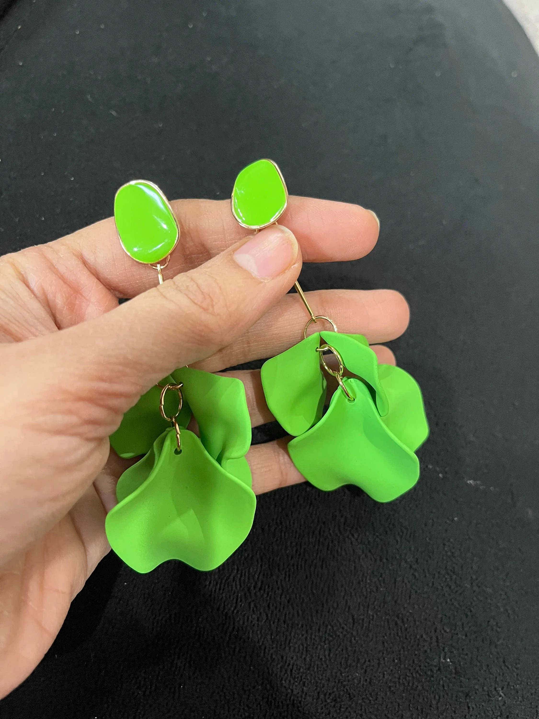 Light Green flower earrings , Lime green petal earrings , bright green acrylic earrings , long rose petal earrings big