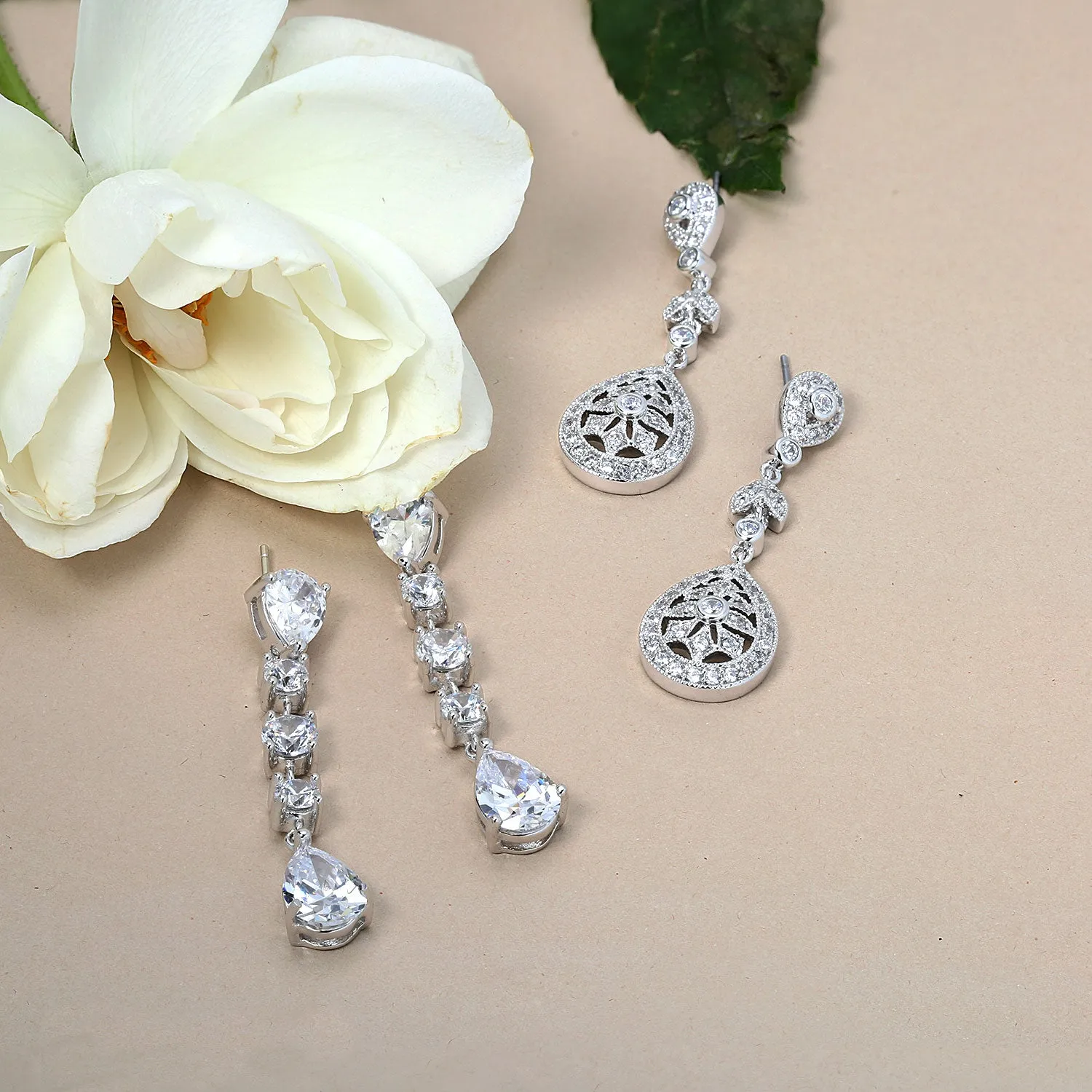 Linear Cubic Zirconia Bridal Dangle Chandelier Earrings in Sterling Silver