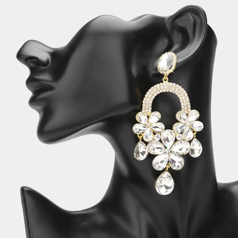 Long Clear Flower Teardrop Chandelier Pageant Earrings on Gold | Large Crystal Earrings | 644905