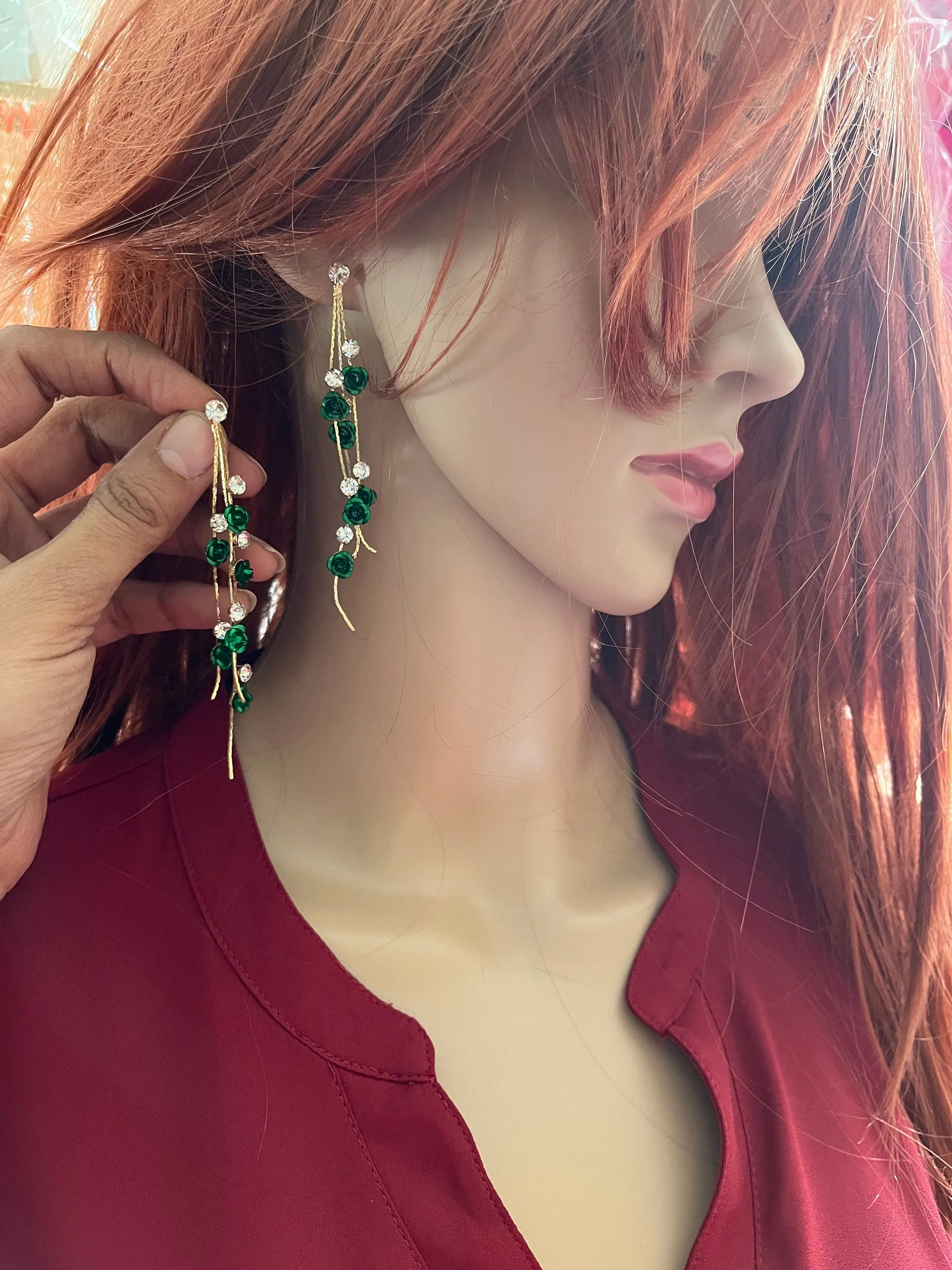 Long green earrings ,  green rhinestone earrings ,green rose gold earrings , green flower  earrings , green pageant crystal
