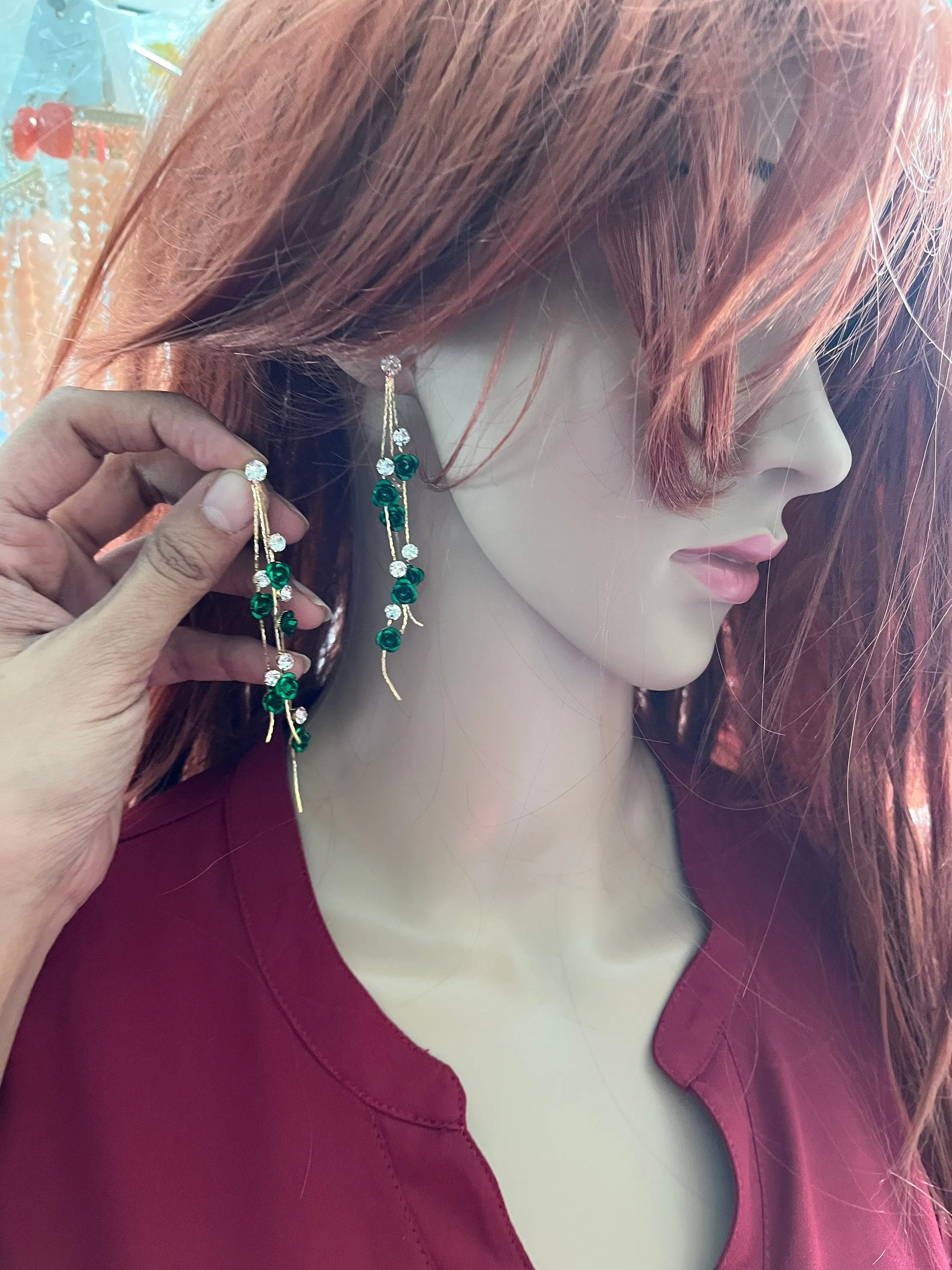 Long green earrings ,  green rhinestone earrings ,green rose gold earrings , green flower  earrings , green pageant crystal
