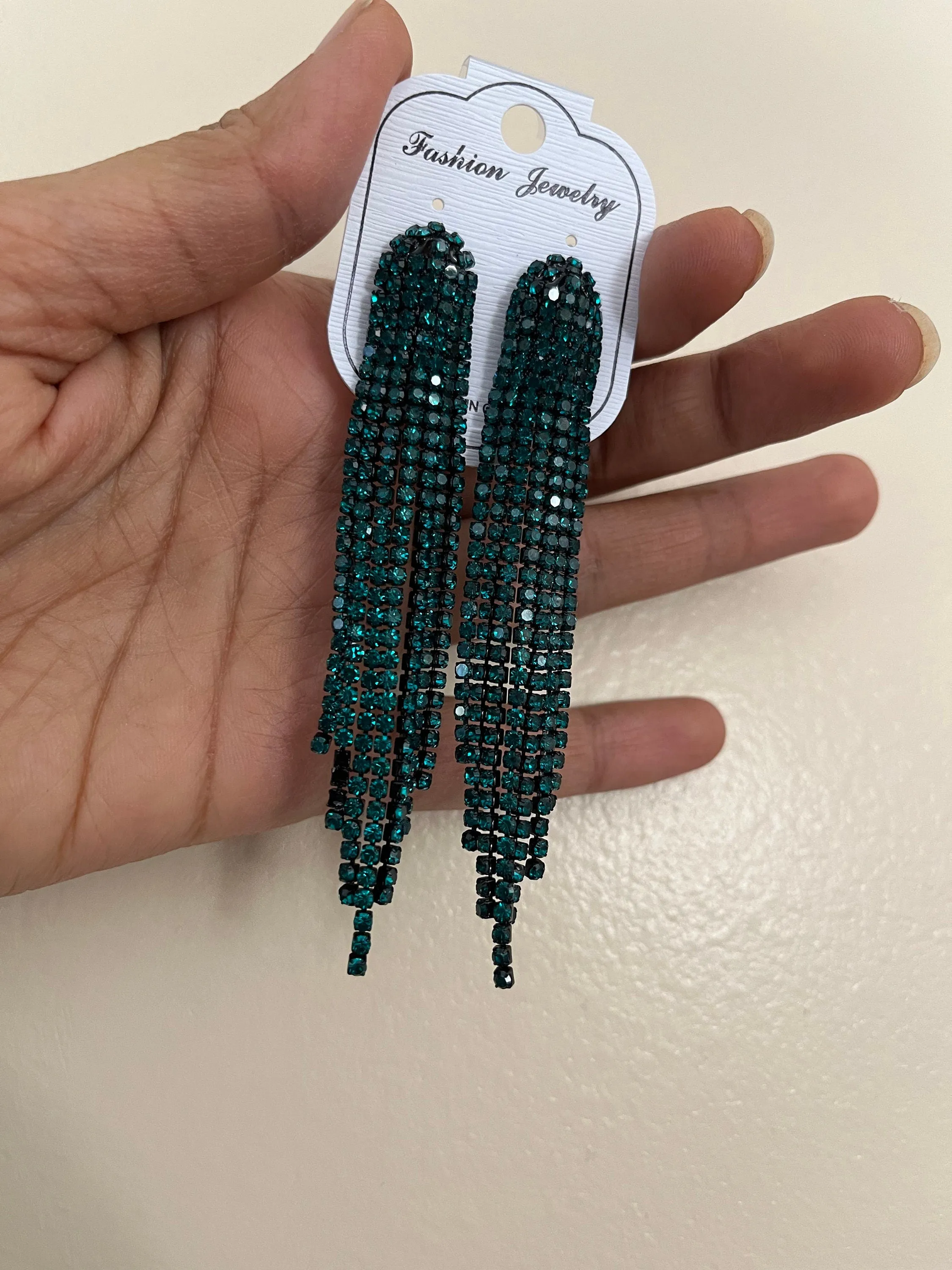 Long green earrings , pine dark green rhinestone earrings , Forest green earrings , green fringe earrings , green pageant crystal