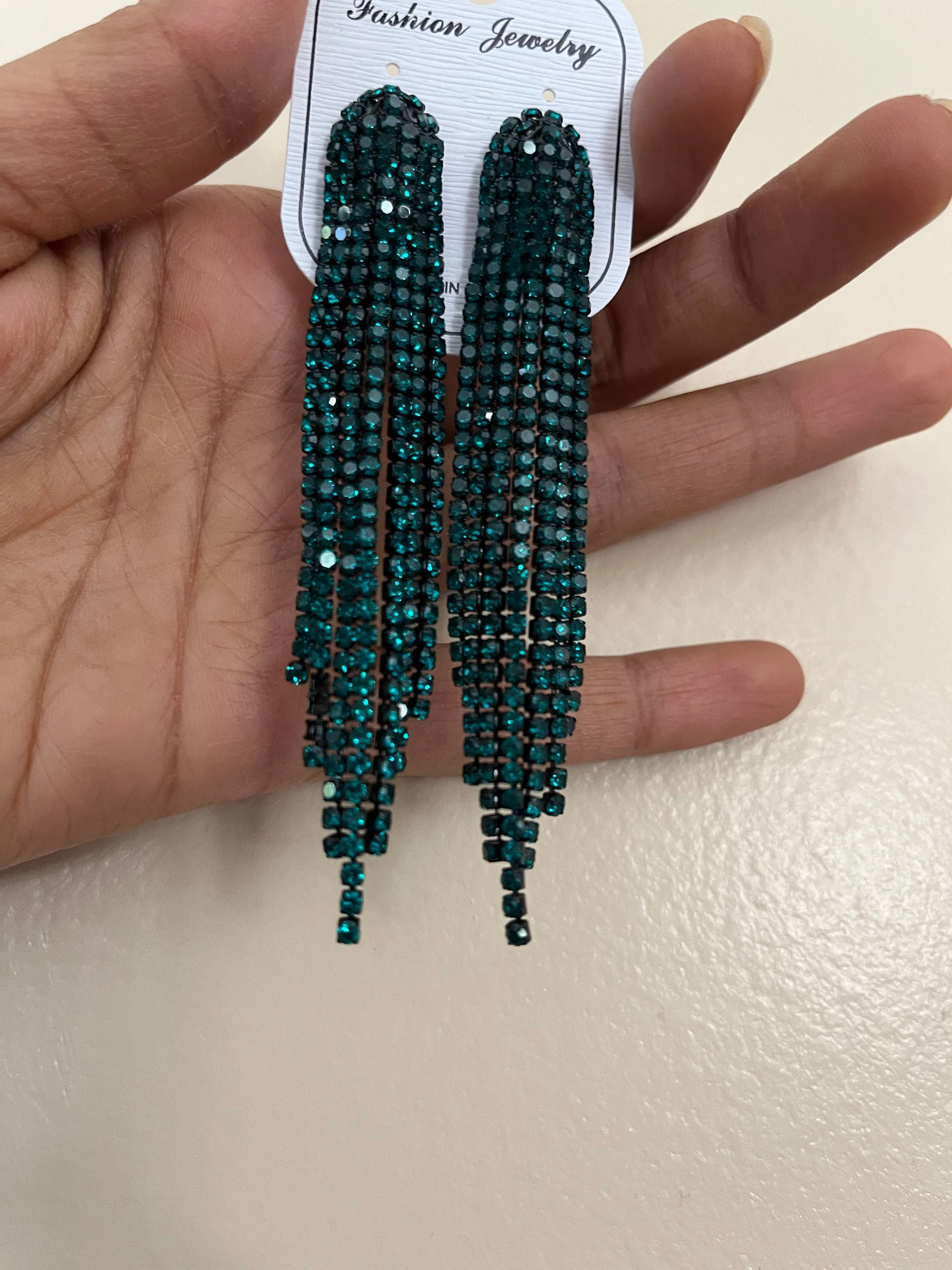 Long green earrings , pine dark green rhinestone earrings , Forest green earrings , green fringe earrings , green pageant crystal