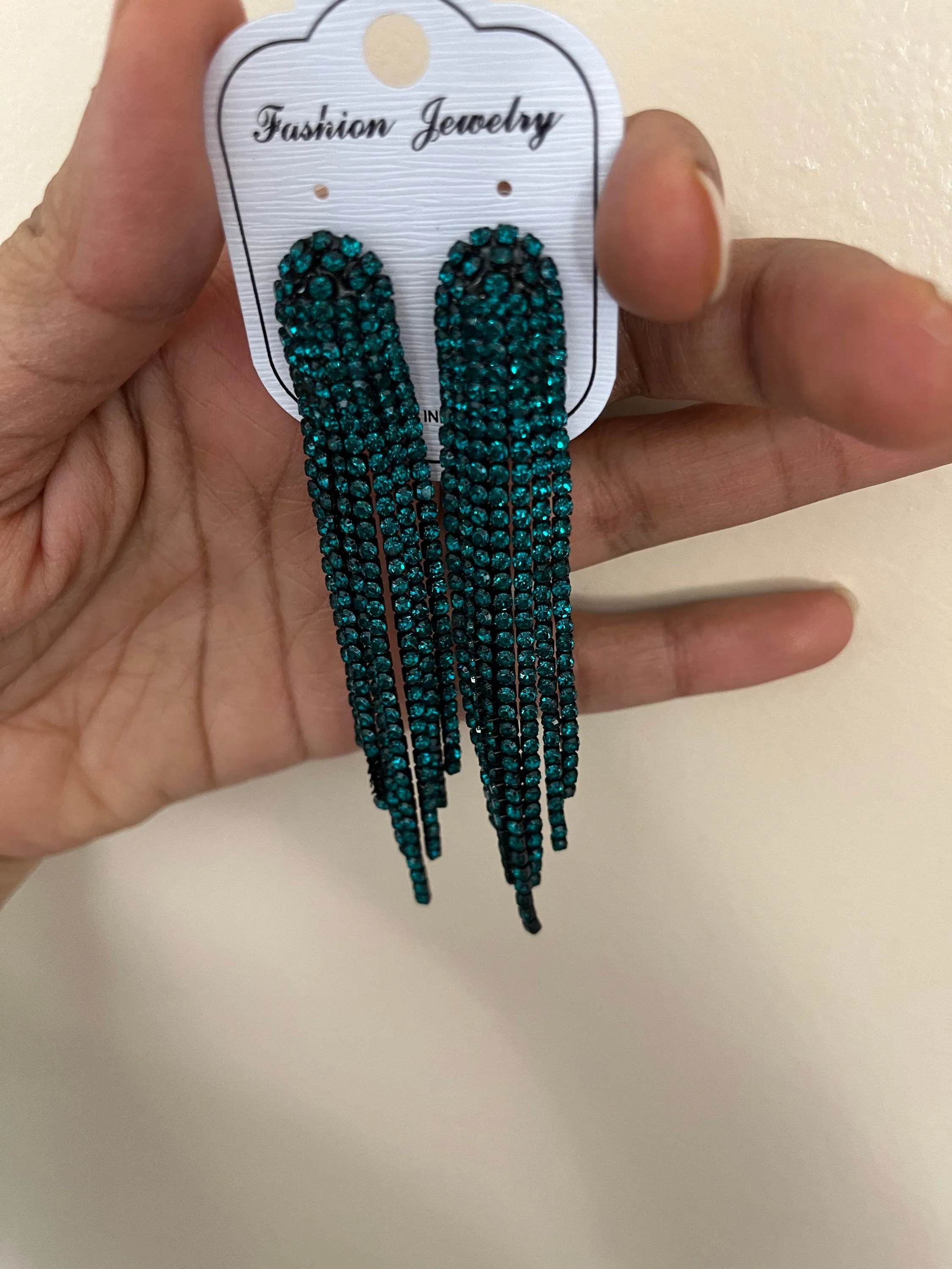 Long green earrings , pine dark green rhinestone earrings , Forest green earrings , green fringe earrings , green pageant crystal
