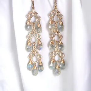 Long Labradorite Chandelier Earrings Rose Gold