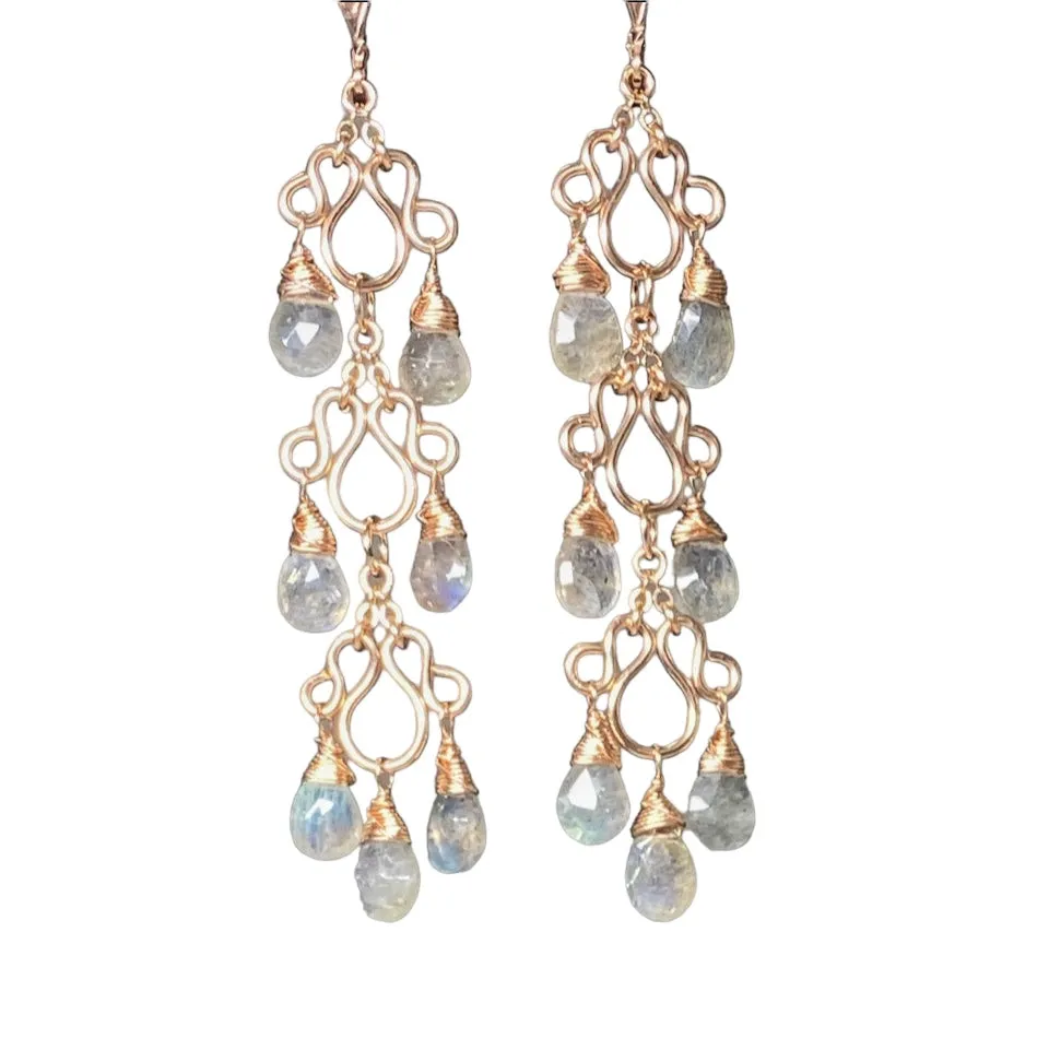 Long Labradorite Chandelier Earrings Rose Gold
