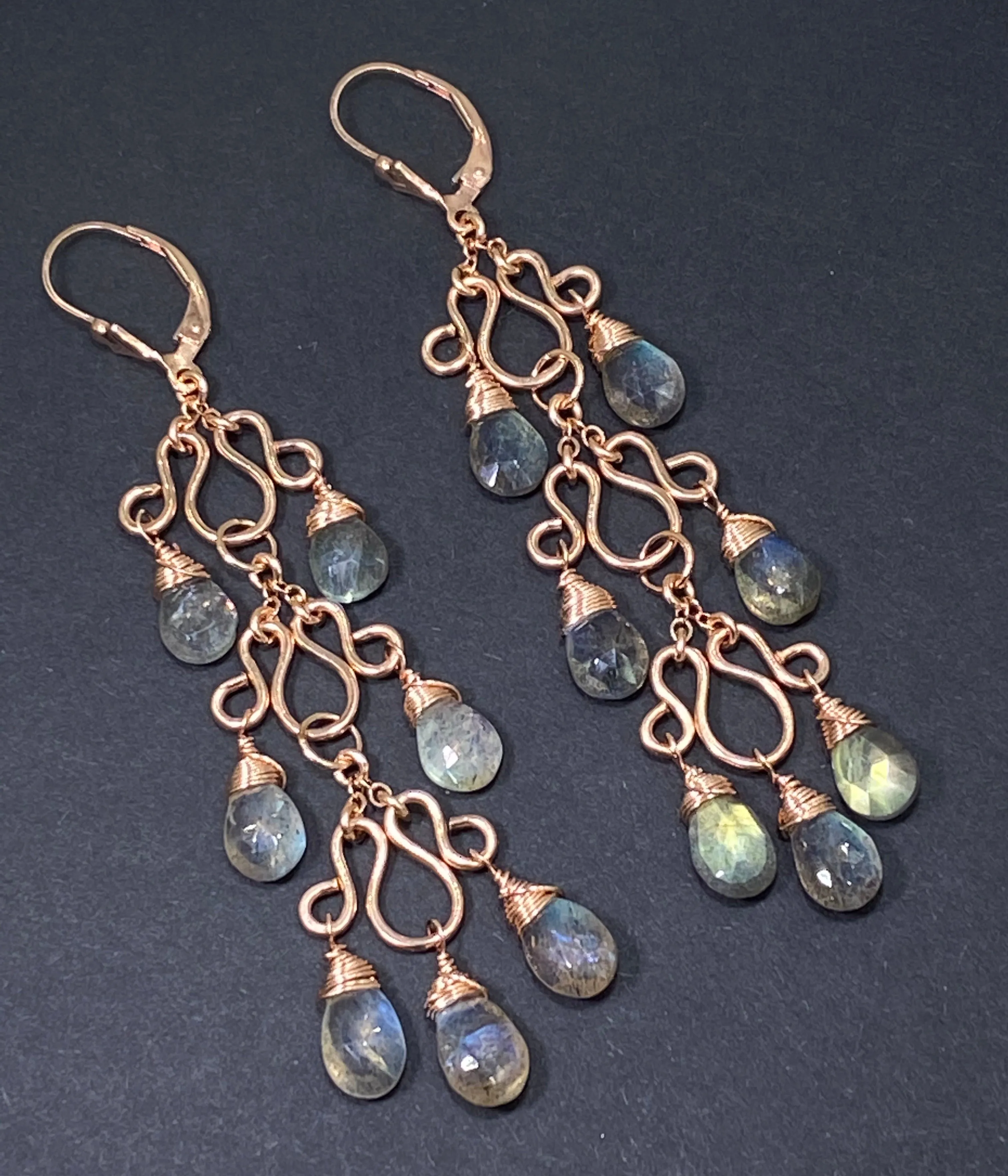Long Labradorite Chandelier Earrings Rose Gold