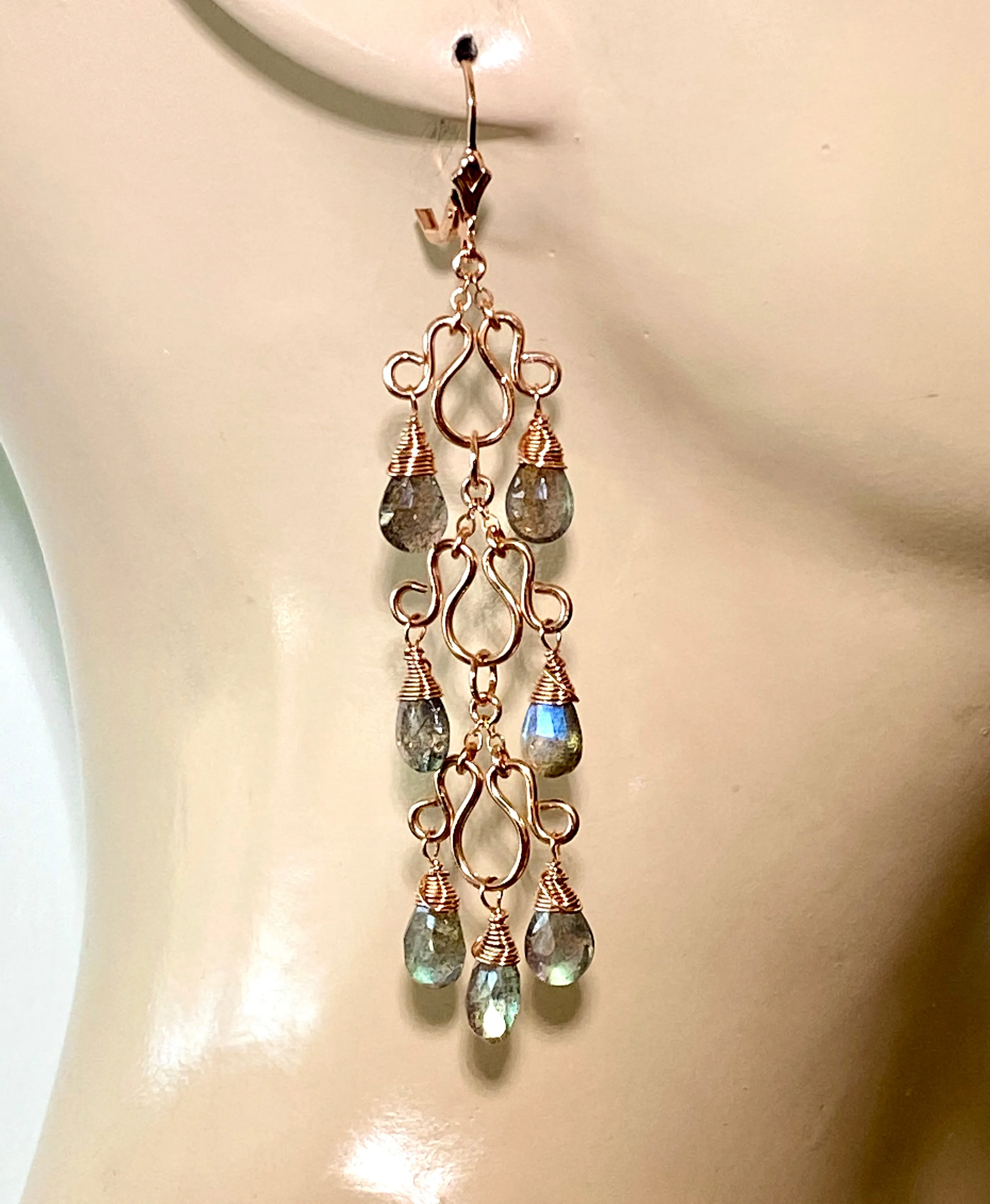 Long Labradorite Chandelier Earrings Rose Gold
