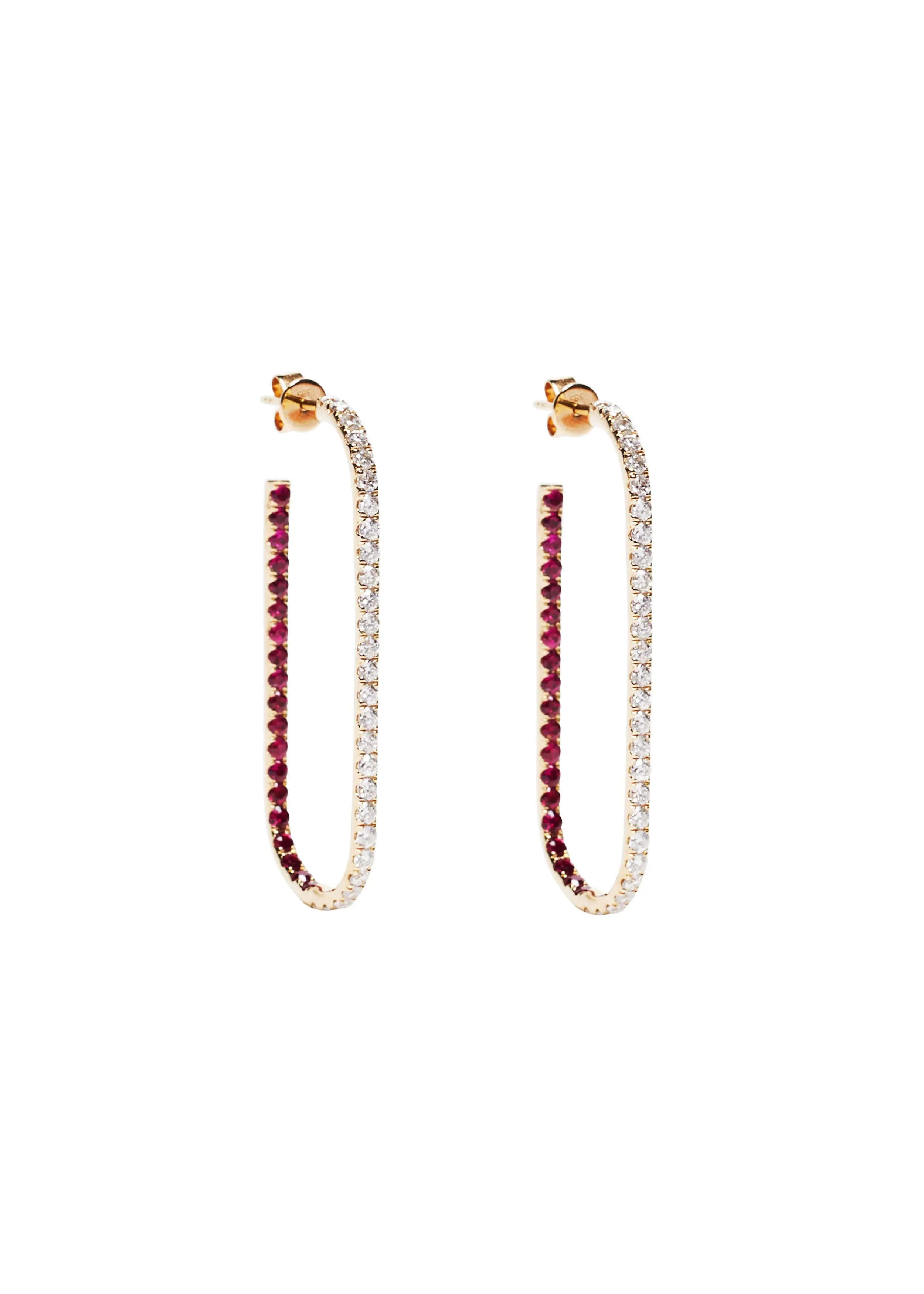 Long Oval Hoop Earrings with Ruby and Diamond