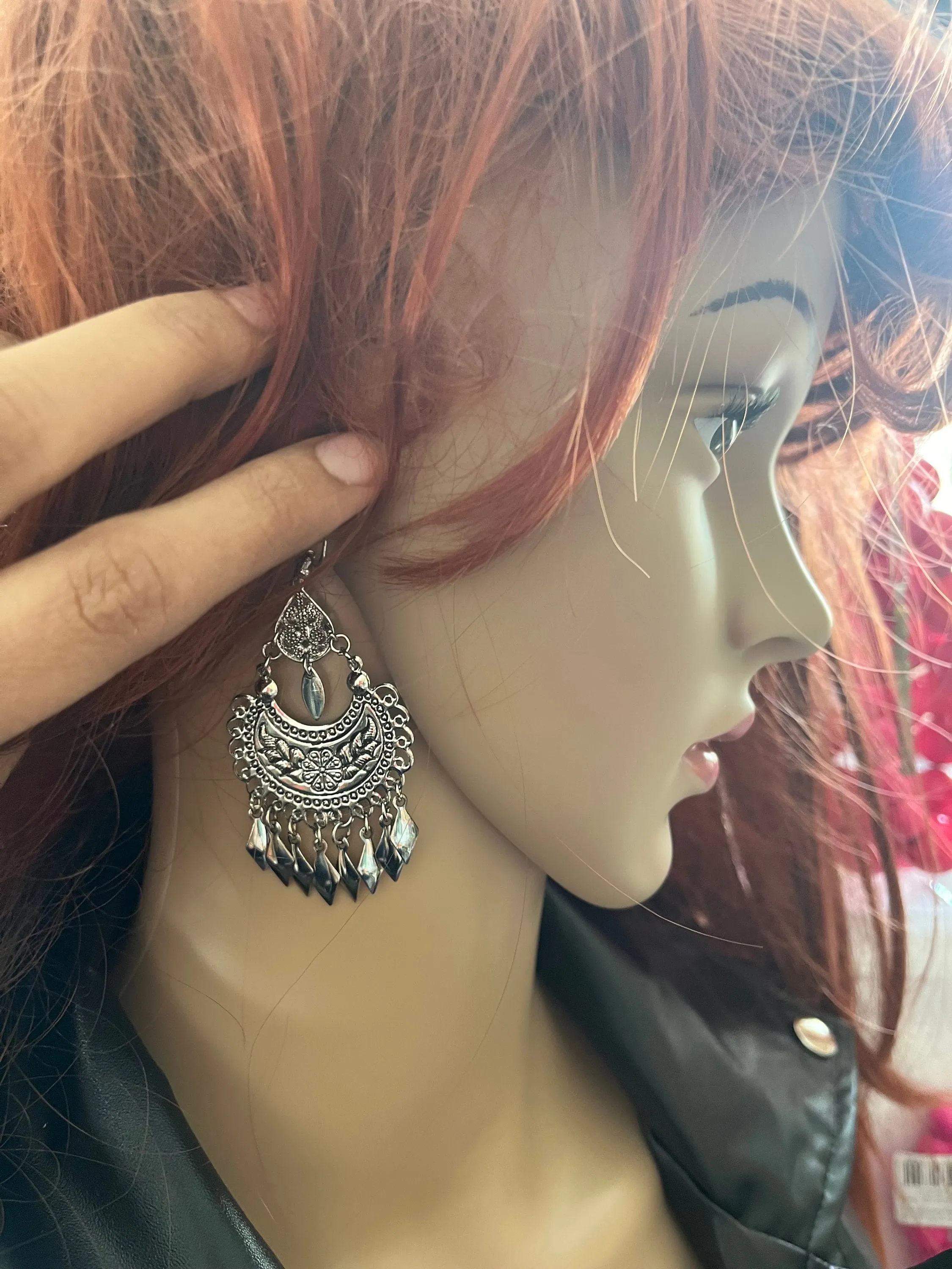 Long Silver earrings , silver black chandelier earrings , carved earrings , metal bohemian earring , boho earring chunky fish hook