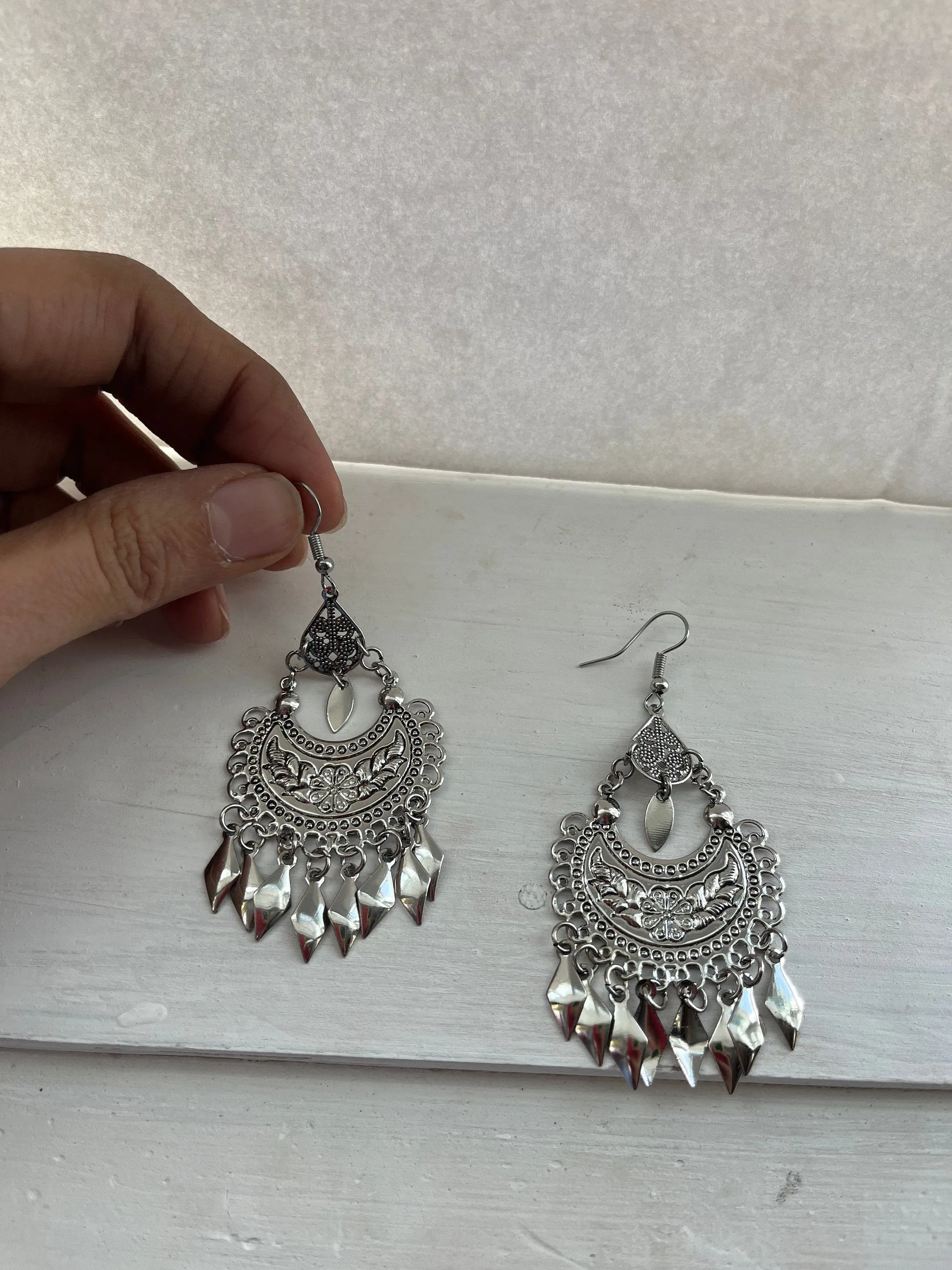 Long Silver earrings , silver black chandelier earrings , carved earrings , metal bohemian earring , boho earring chunky fish hook