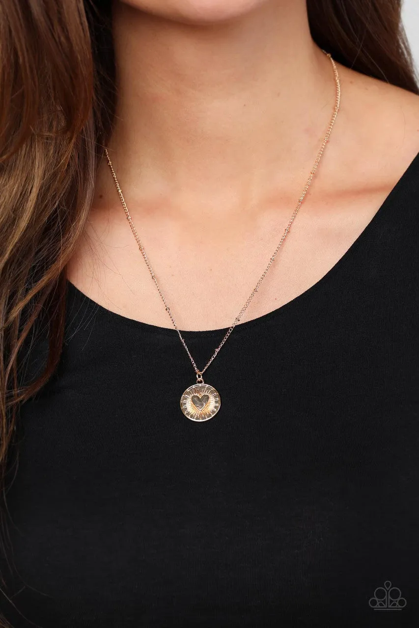 Lovestruck Shimmer - Gold - Heart Starburst Pendant Paparazzi Short Dainty Necklace