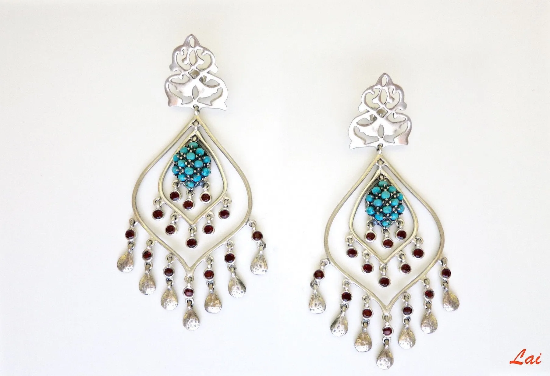 Majestic, turquoise and garnet chandelier earrings