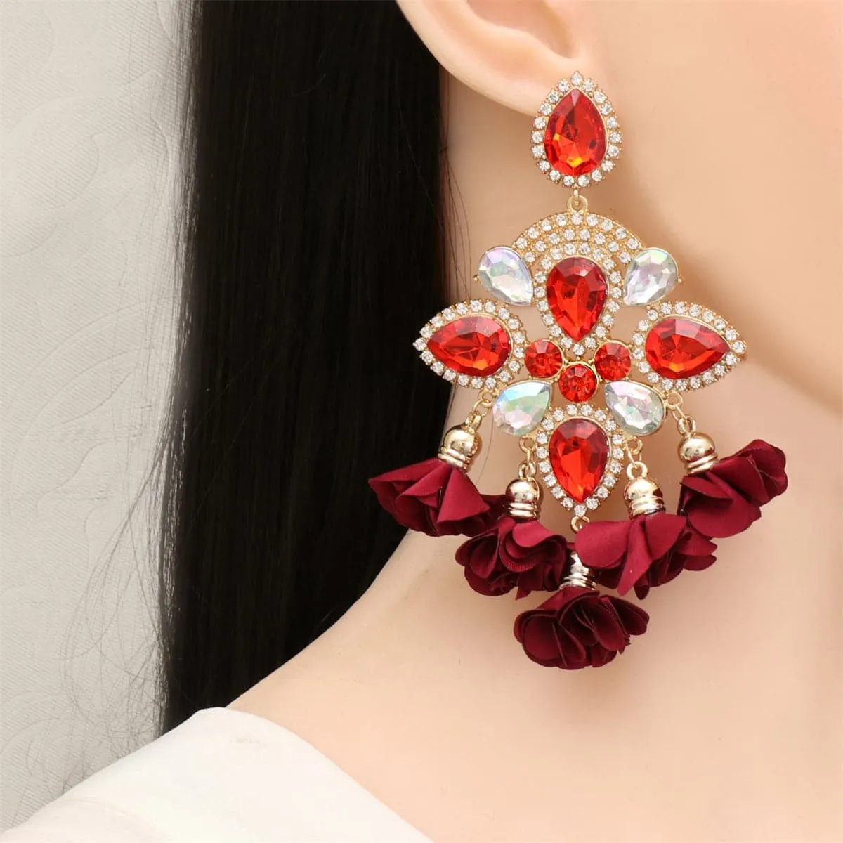 Maroon Silk & Red Crystal 18K Gold-Plated Flower Tassel Drop Earrings
