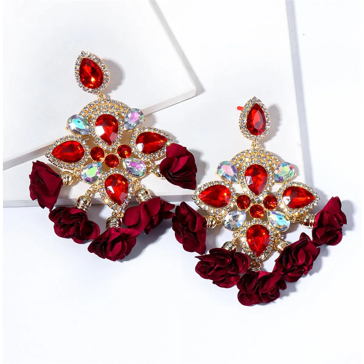 Maroon Silk & Red Crystal 18K Gold-Plated Flower Tassel Drop Earrings