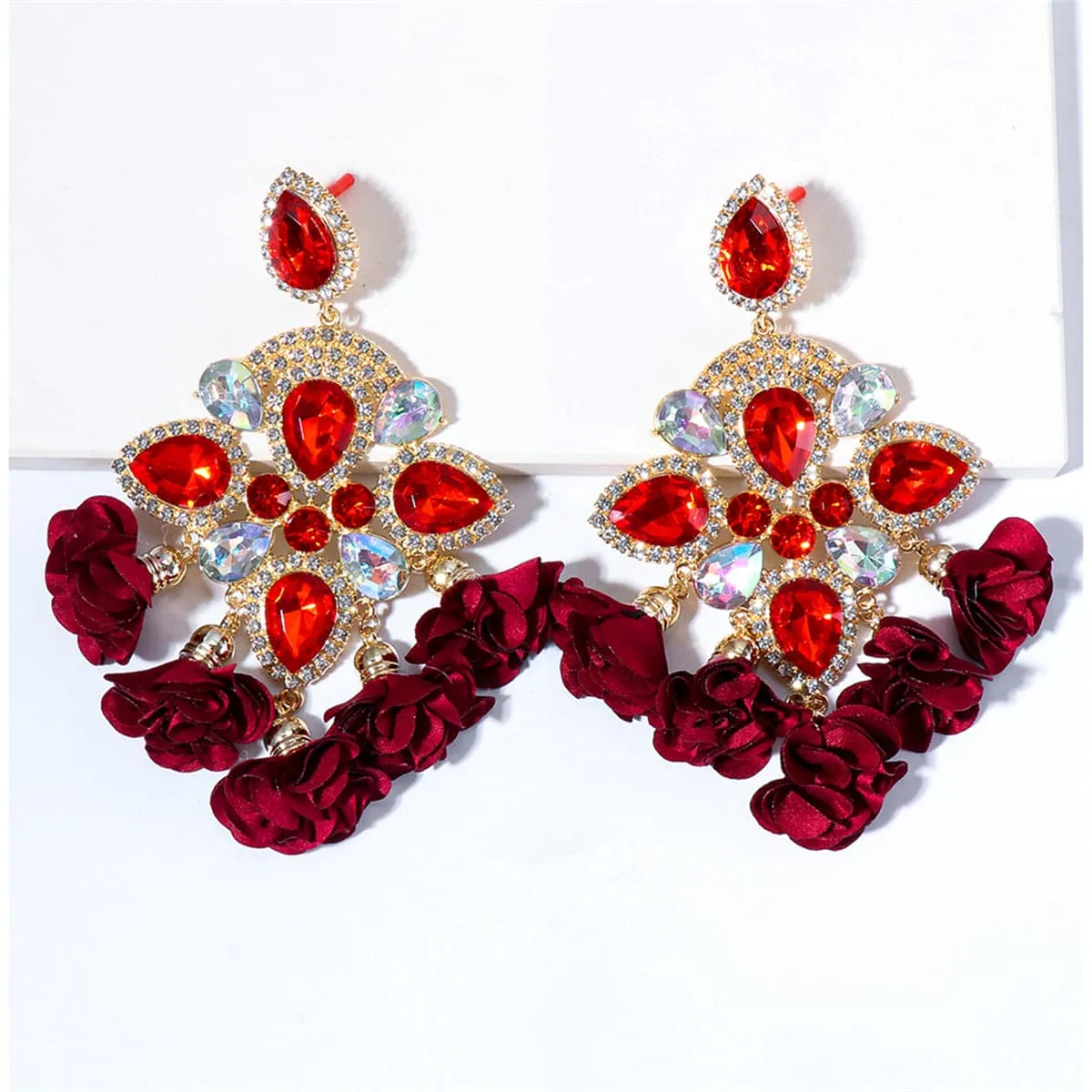 Maroon Silk & Red Crystal 18K Gold-Plated Flower Tassel Drop Earrings