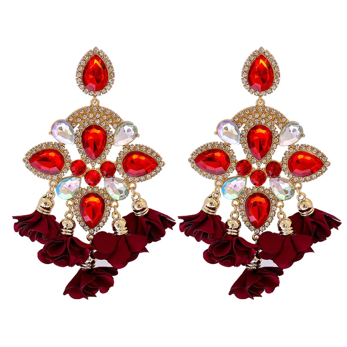 Maroon Silk & Red Crystal 18K Gold-Plated Flower Tassel Drop Earrings