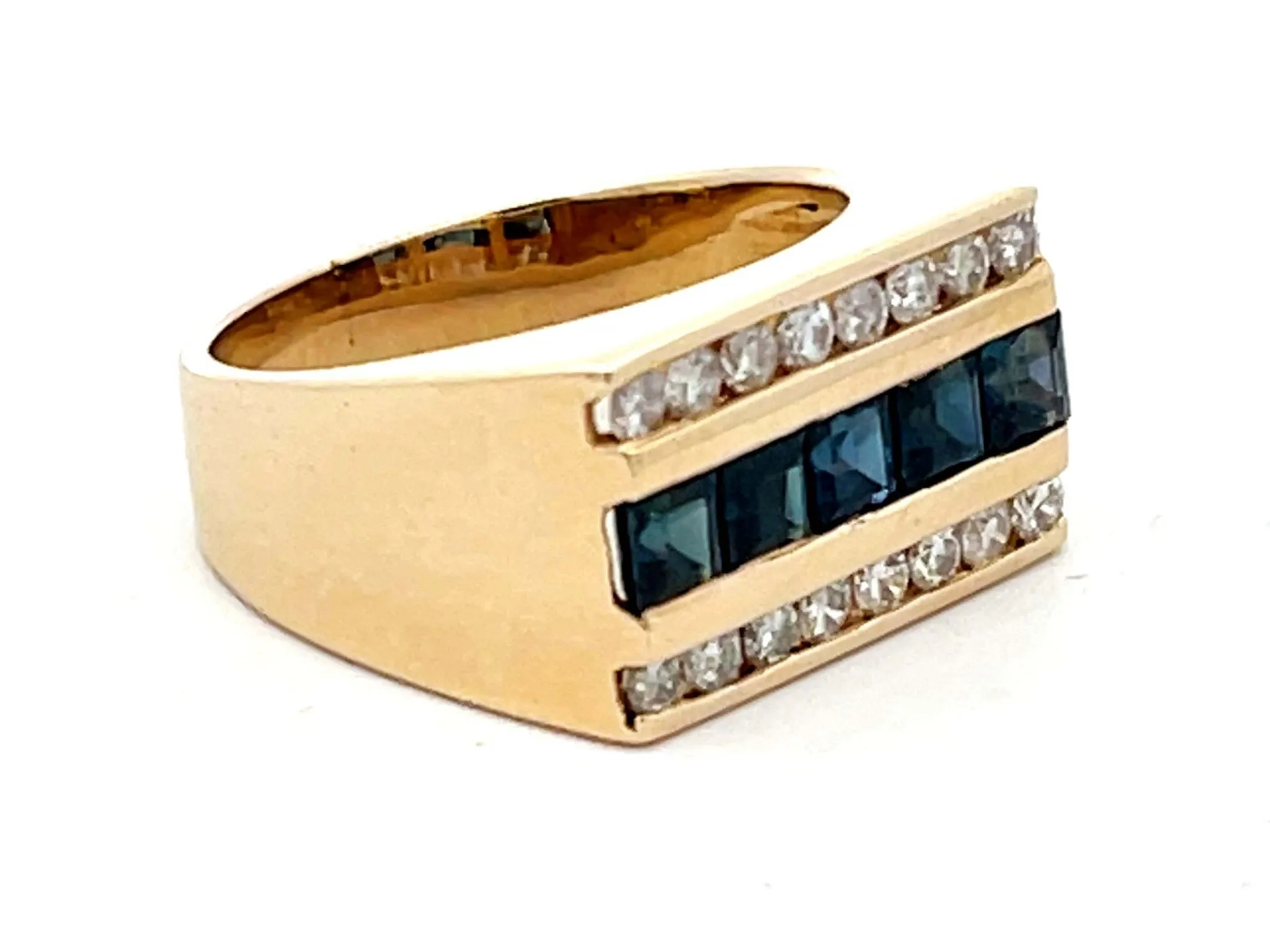 Mens Sapphire and Diamond Row Ring in 14k Yellow Gold