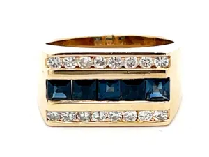 Mens Sapphire and Diamond Row Ring in 14k Yellow Gold
