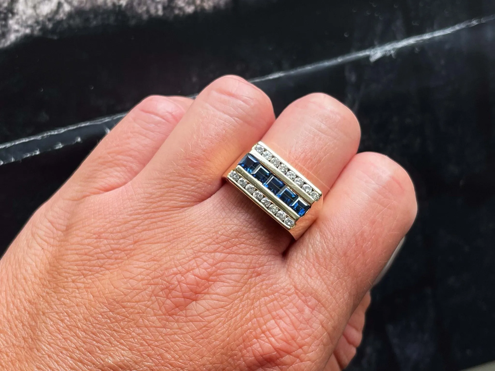 Mens Sapphire and Diamond Row Ring in 14k Yellow Gold