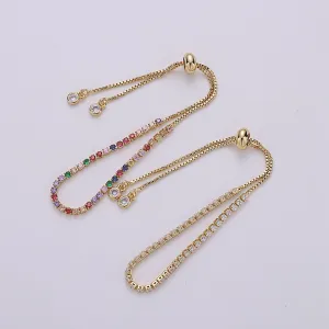 Micro Pave Adjustable Bracelet, Rainbow Clear CZ Cubic Bracelet Gold tennis bracelet in 14k Gold Filled Chain | K-546 K-547