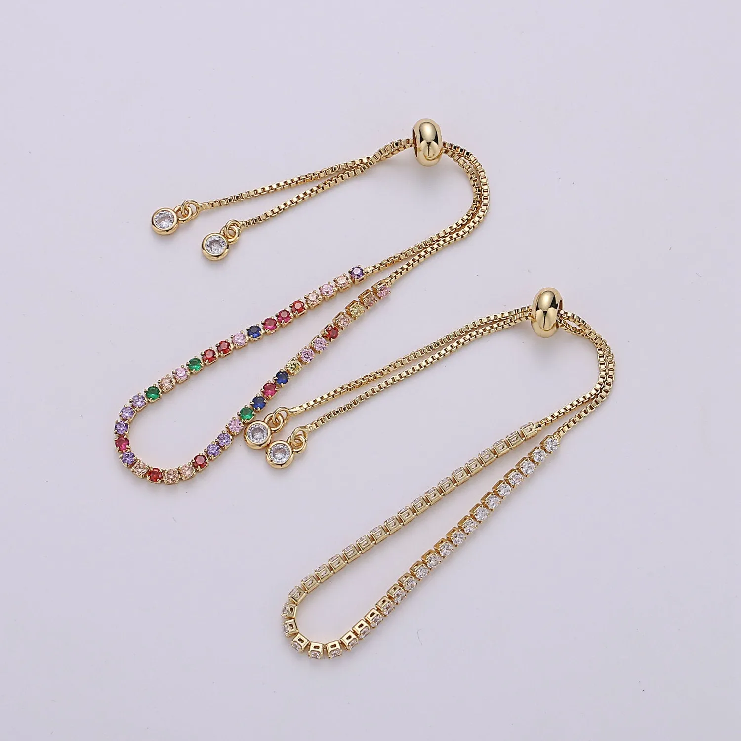 Micro Pave Adjustable Bracelet, Rainbow Clear CZ Cubic Bracelet Gold tennis bracelet in 14k Gold Filled Chain | K-546 K-547