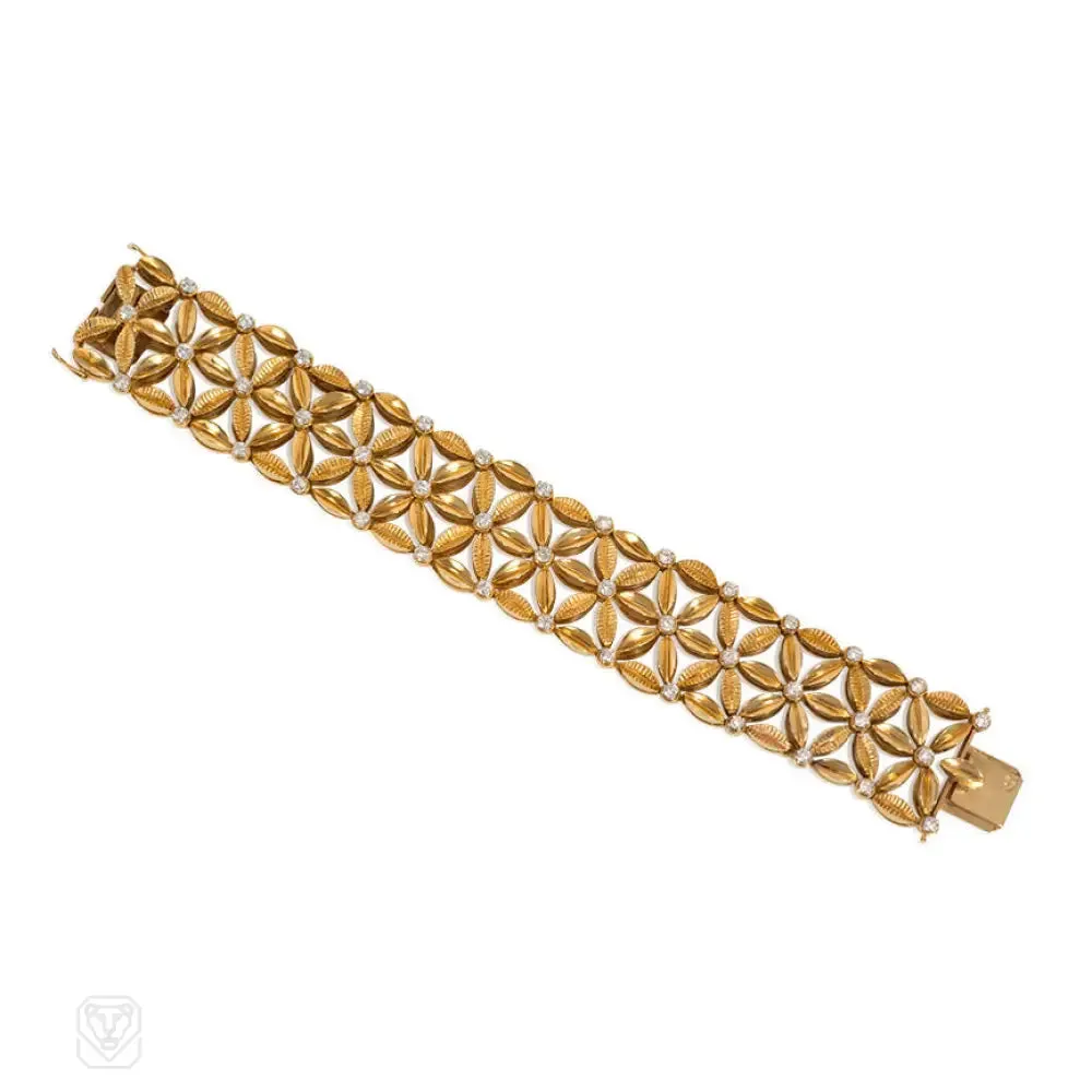 Mid-century French gold and diamond flower link bracelet