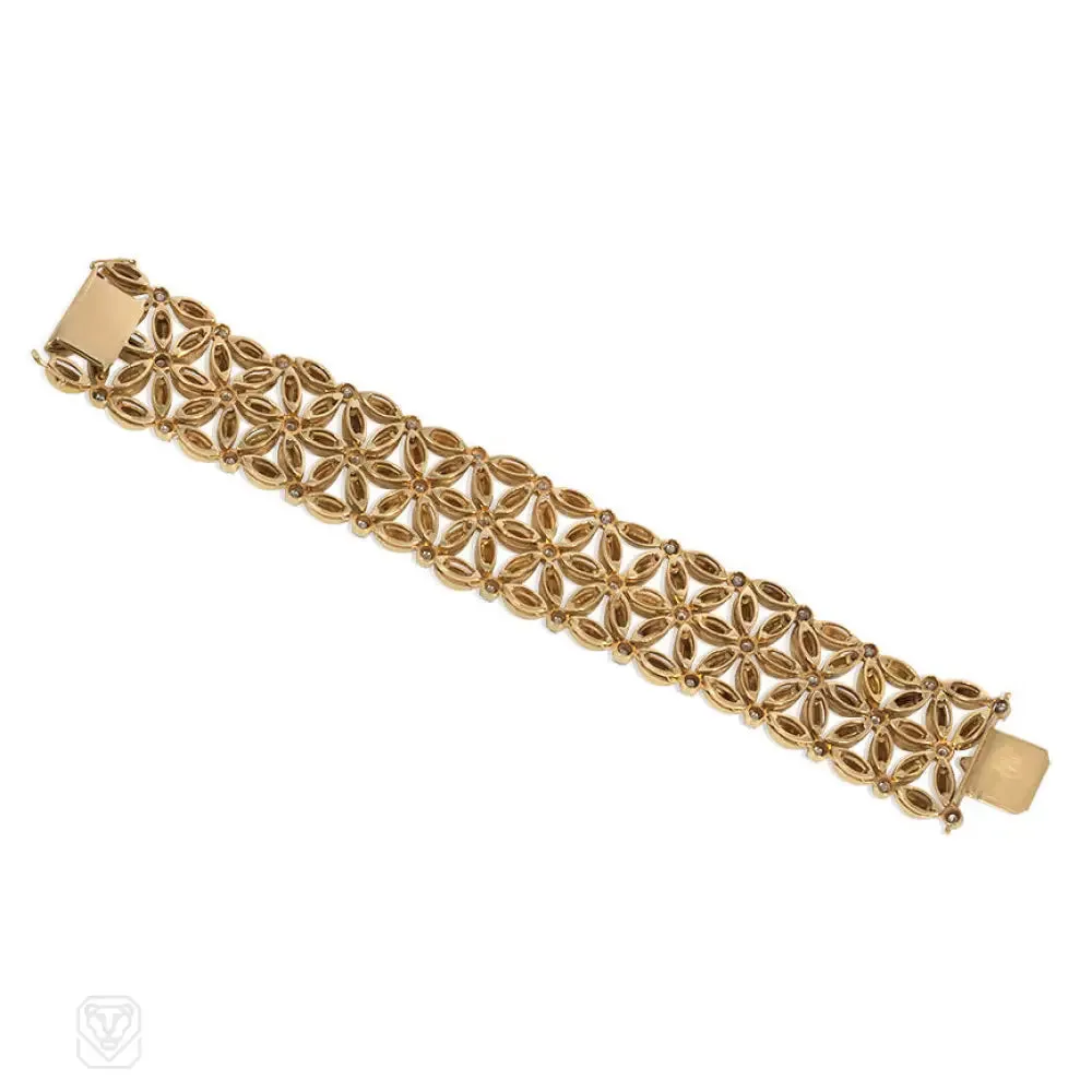 Mid-century French gold and diamond flower link bracelet