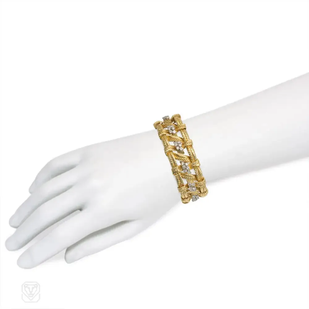 Mid-century gold and diamond woven design bracelet