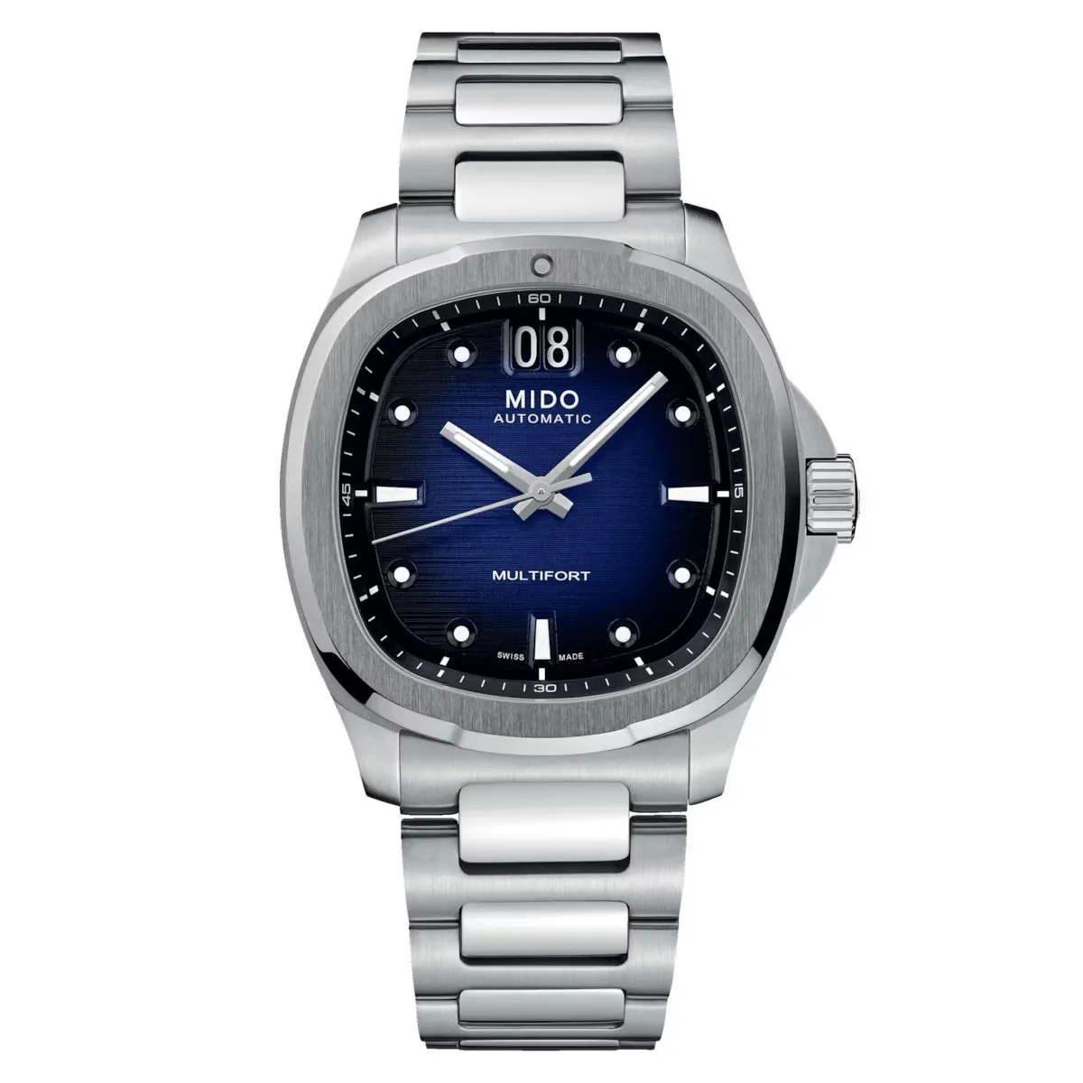 MIDO MULTIFORT TV BIG DATE BLUE ON BRACELET
