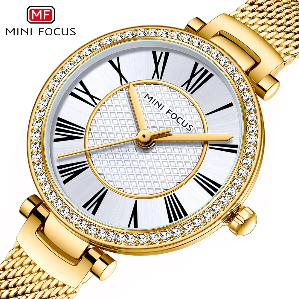Mini Focus Gold Mesh Bracelet Silver Dial Quartz Watch for Ladies - MF0424L-02