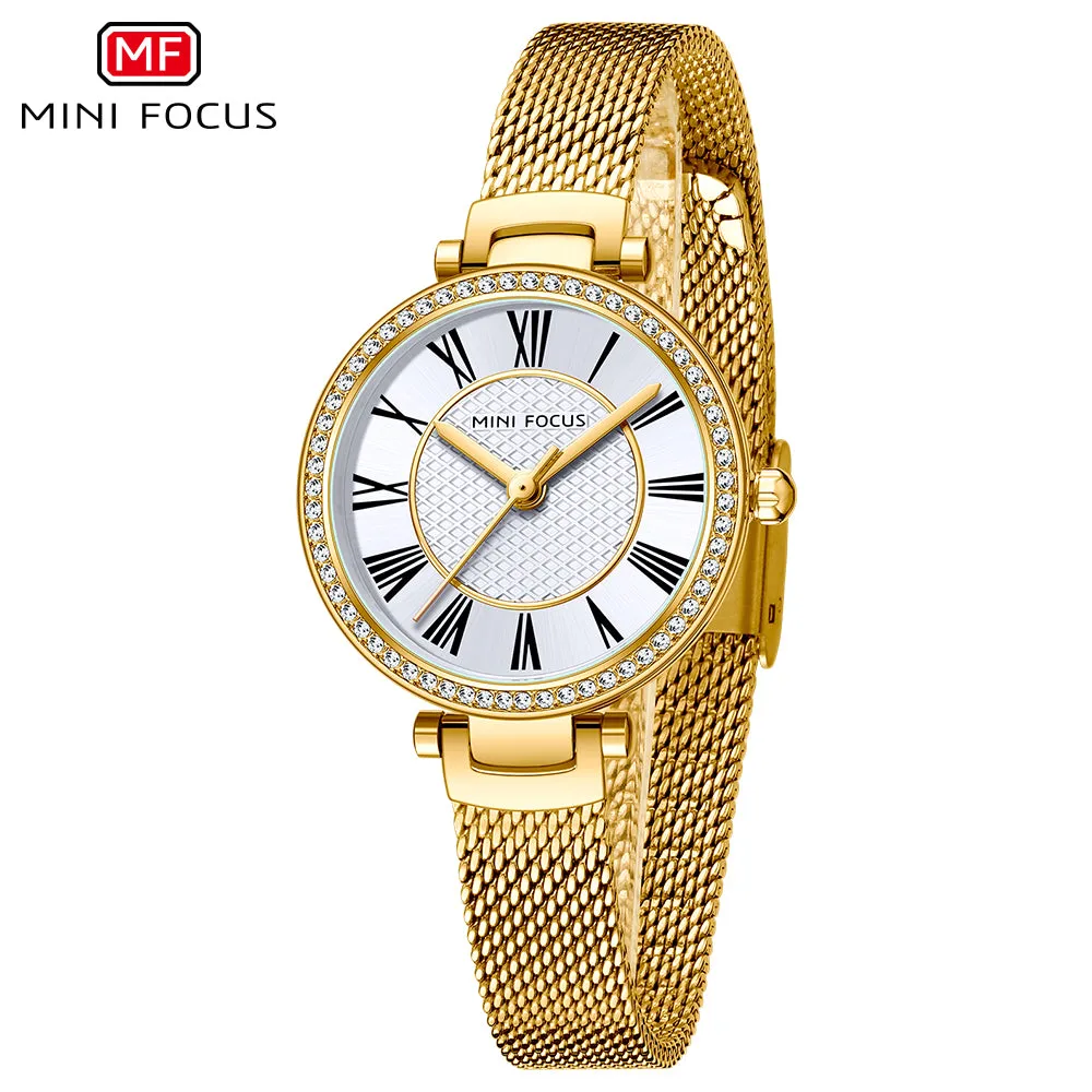 Mini Focus Gold Mesh Bracelet Silver Dial Quartz Watch for Ladies - MF0424L-02