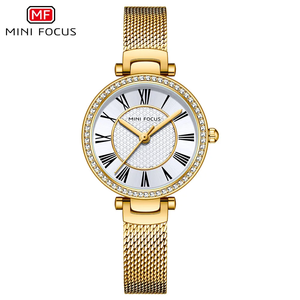 Mini Focus Gold Mesh Bracelet Silver Dial Quartz Watch for Ladies - MF0424L-02