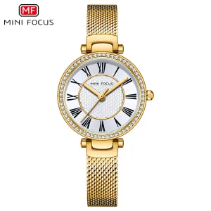 Mini Focus Gold Mesh Bracelet Silver Dial Quartz Watch for Ladies - MF0424L-02