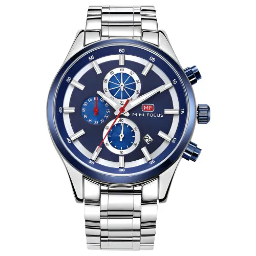 Mini Focus Silver Stainless Steel Blue Dial Chronograph Quartz Watch for Gents - MF0081G-03