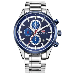Mini Focus Silver Stainless Steel Blue Dial Chronograph Quartz Watch for Gents - MF0081G-03