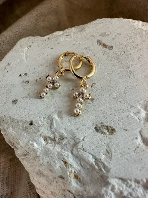 Mini Pearl Cross Hoops