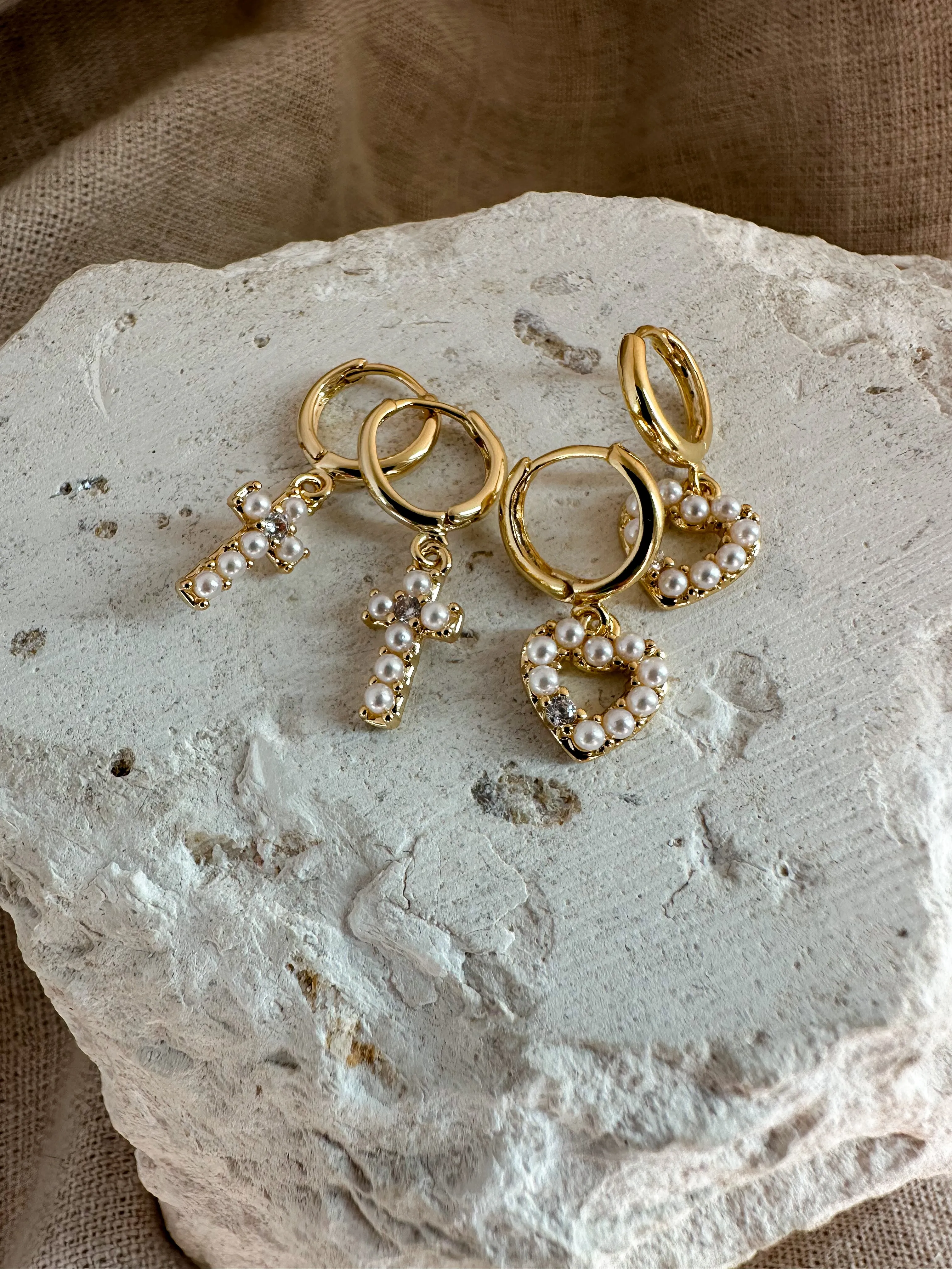 Mini Pearl Cross Hoops