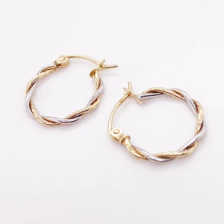 Mini Twisted Hoop Earrings, 14K Yellow-White Gold Two Tone Hoops