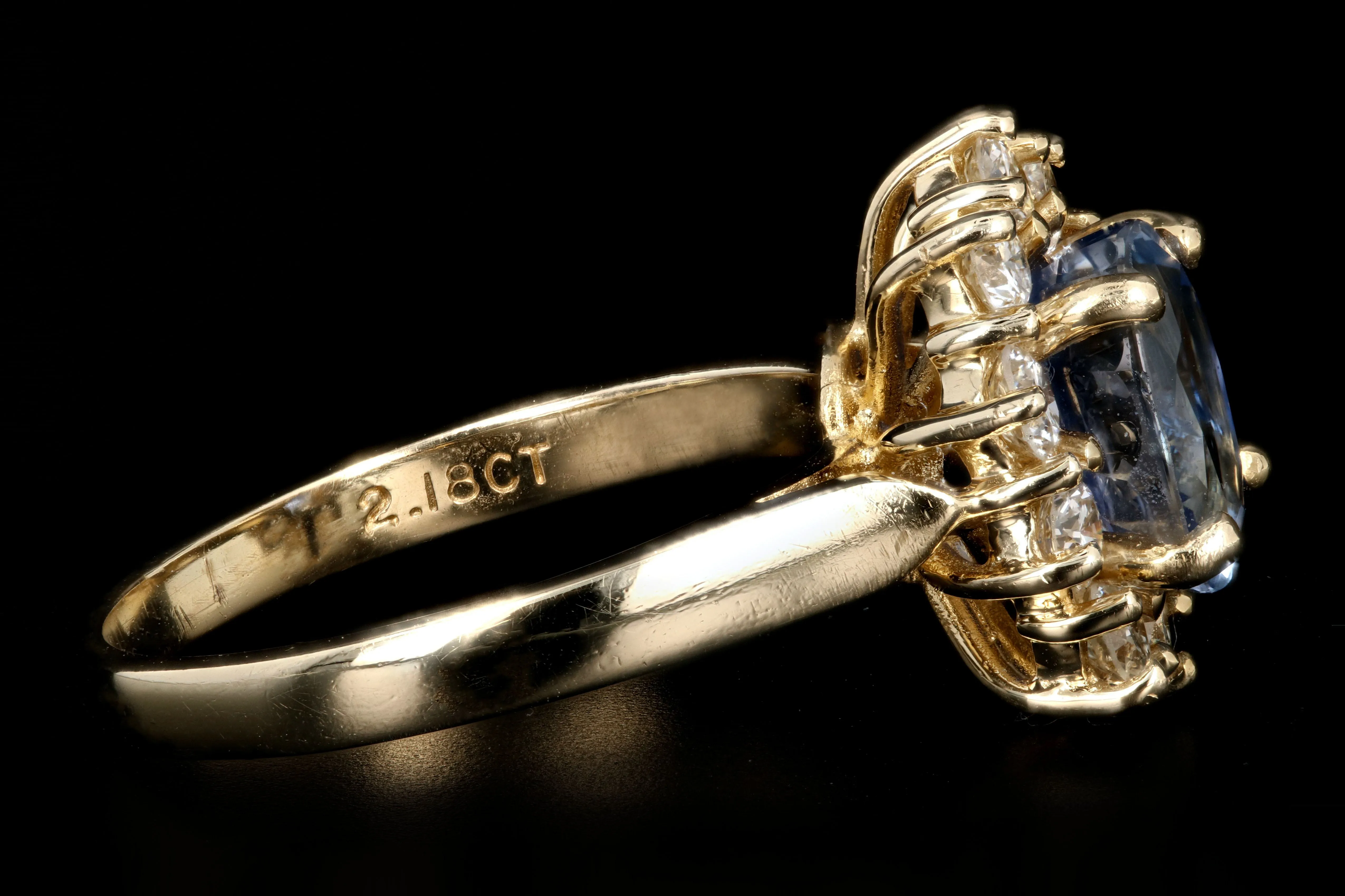 Modern 14K Yellow Gold 2.18 Natural Sapphire and Diamond Halo Ring