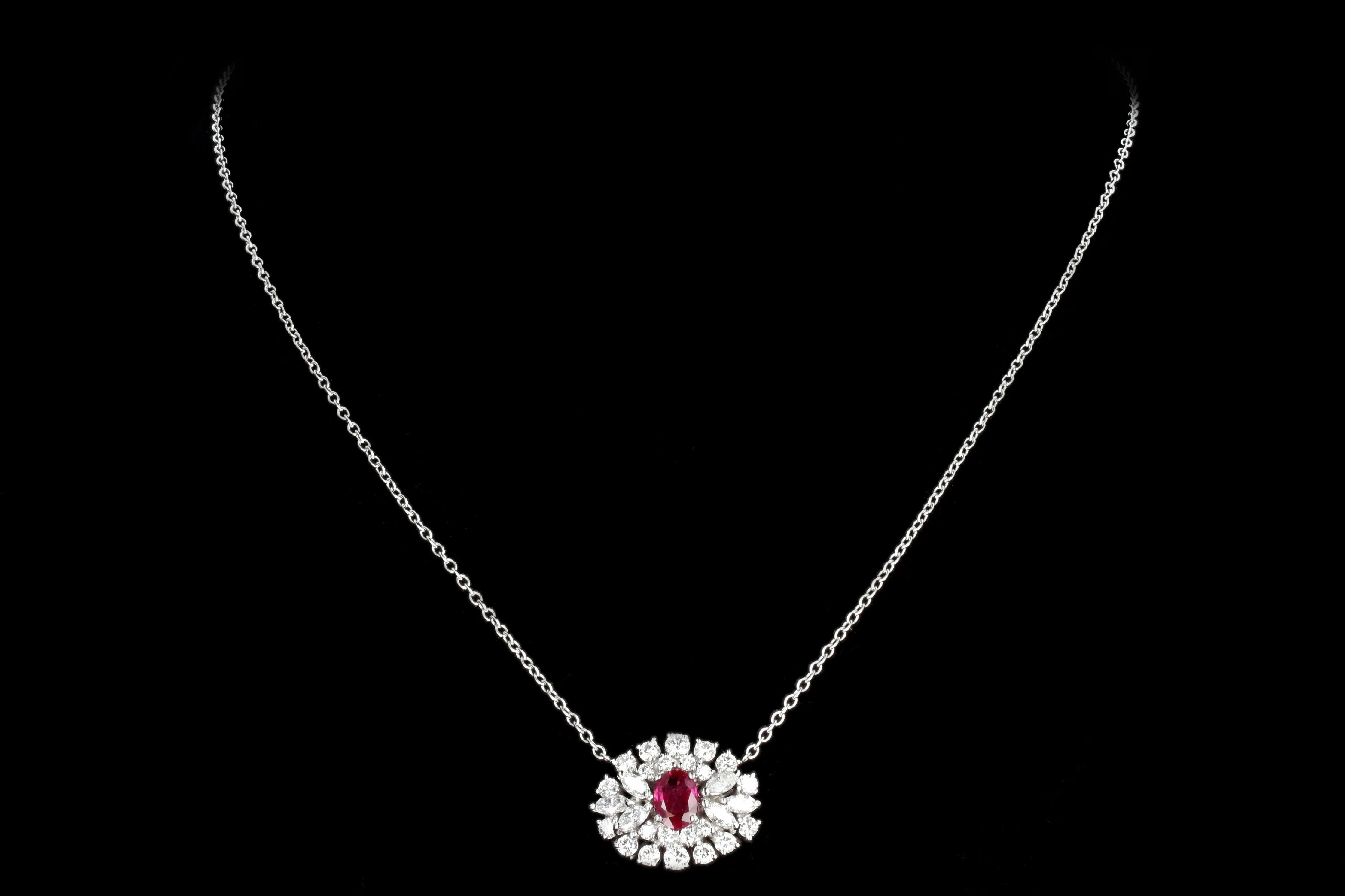 Modern 18K White Gold with 14K White Gold Chain 1.1 Carat Burma Ruby and Diamond Necklace Stone Group Laboratories Certified