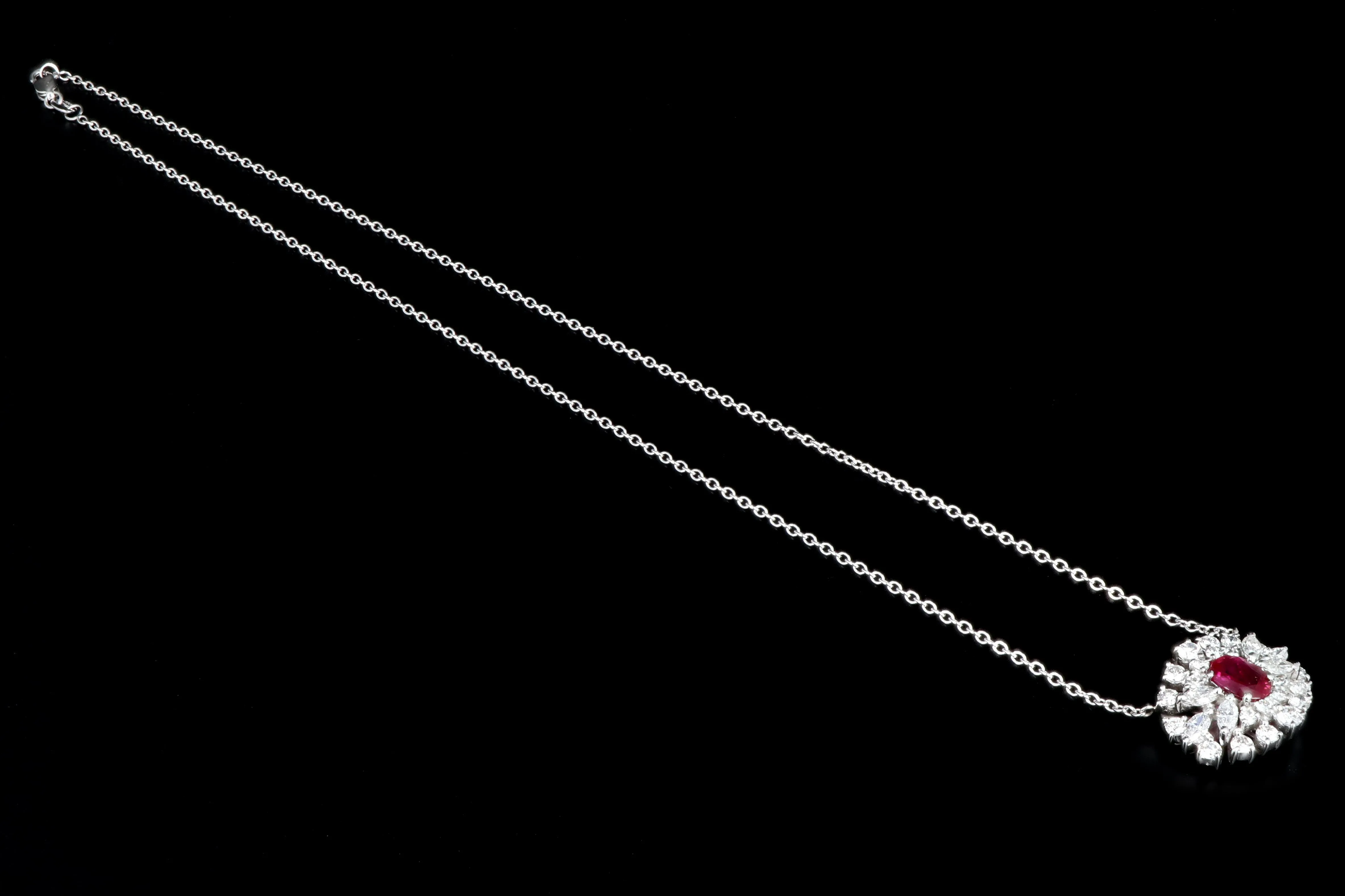 Modern 18K White Gold with 14K White Gold Chain 1.1 Carat Burma Ruby and Diamond Necklace Stone Group Laboratories Certified