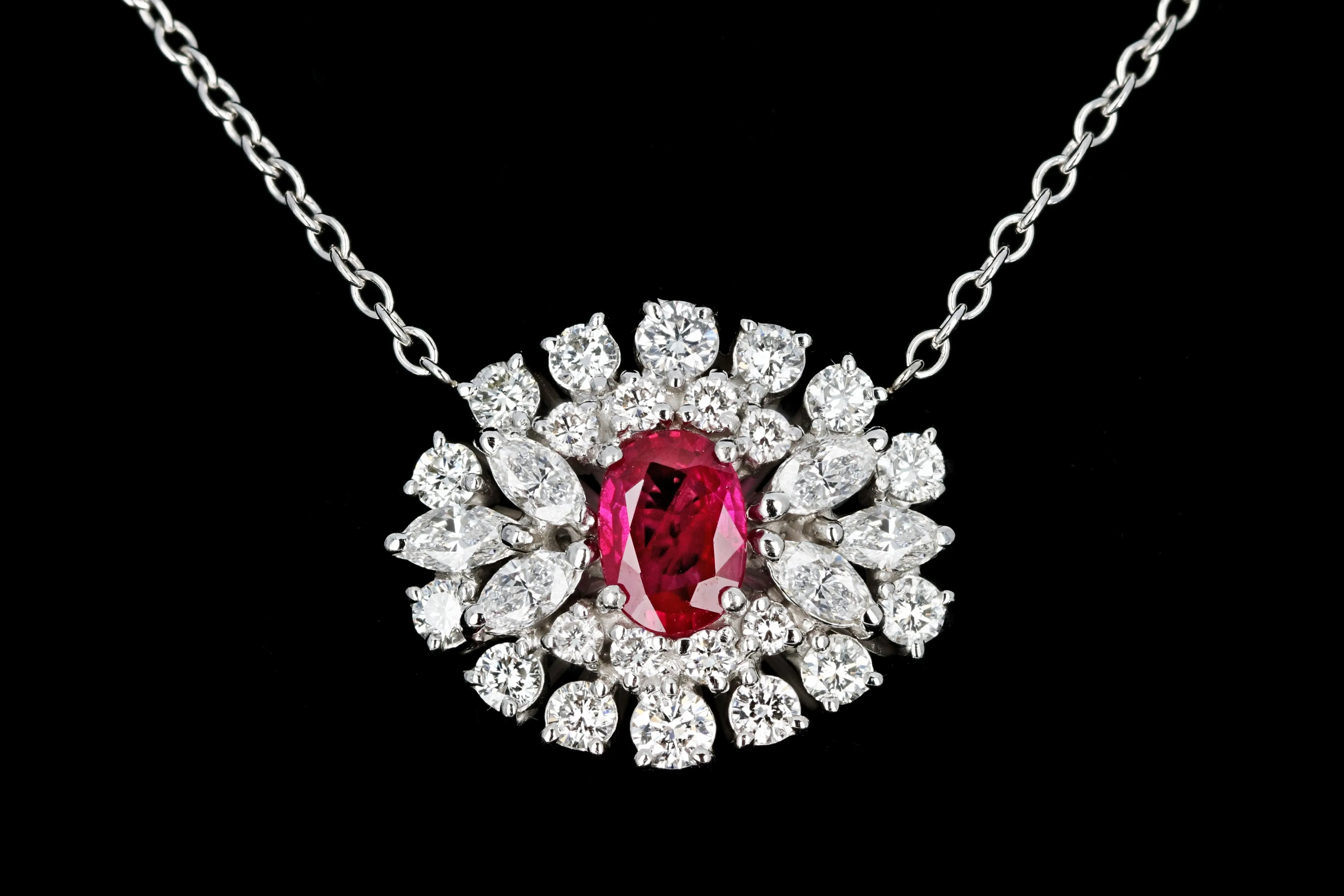 Modern 18K White Gold with 14K White Gold Chain 1.1 Carat Burma Ruby and Diamond Necklace Stone Group Laboratories Certified