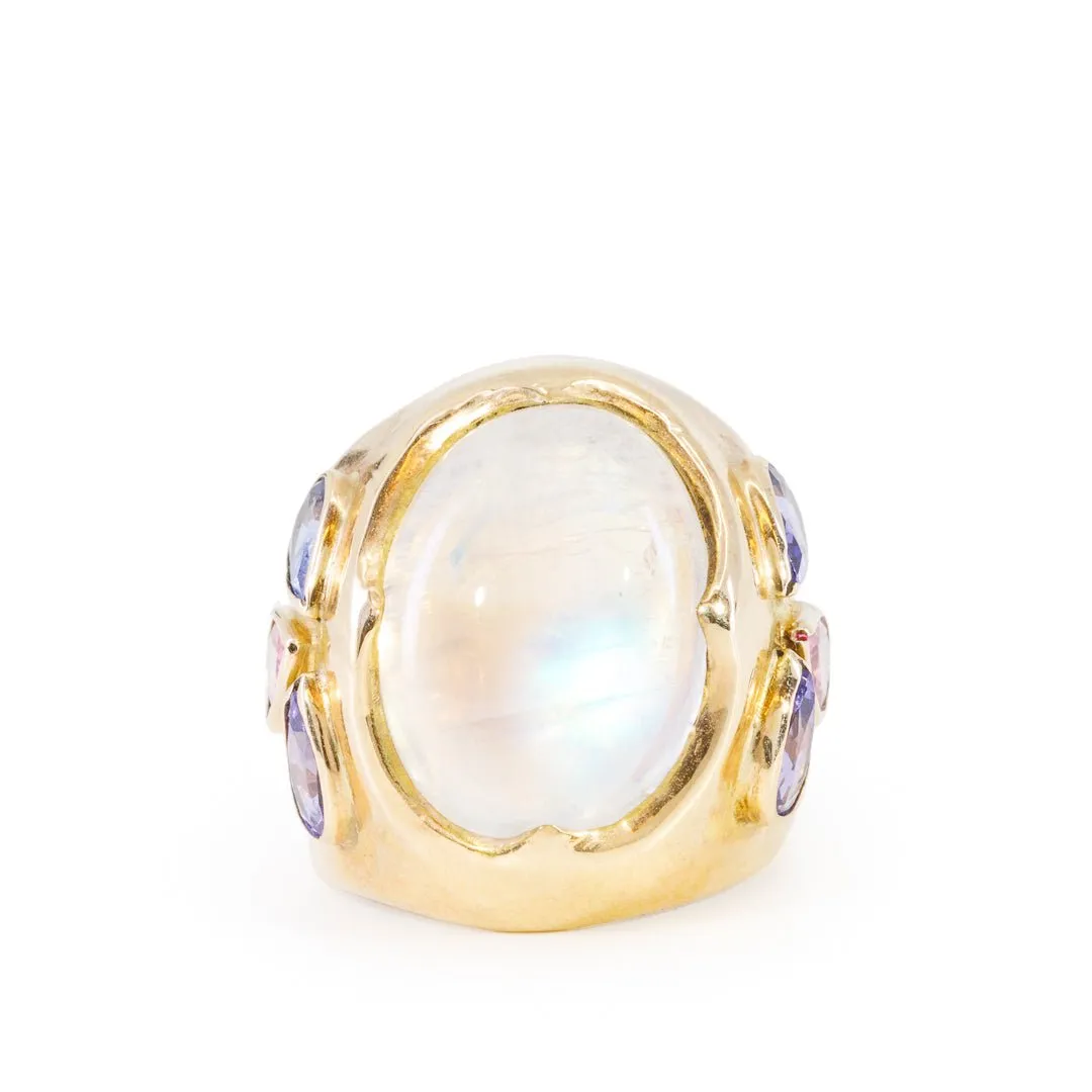 Moonstone 16.41 Carat with Tanzanite and Sapphires 14k Handcrafted Gemstone Ring