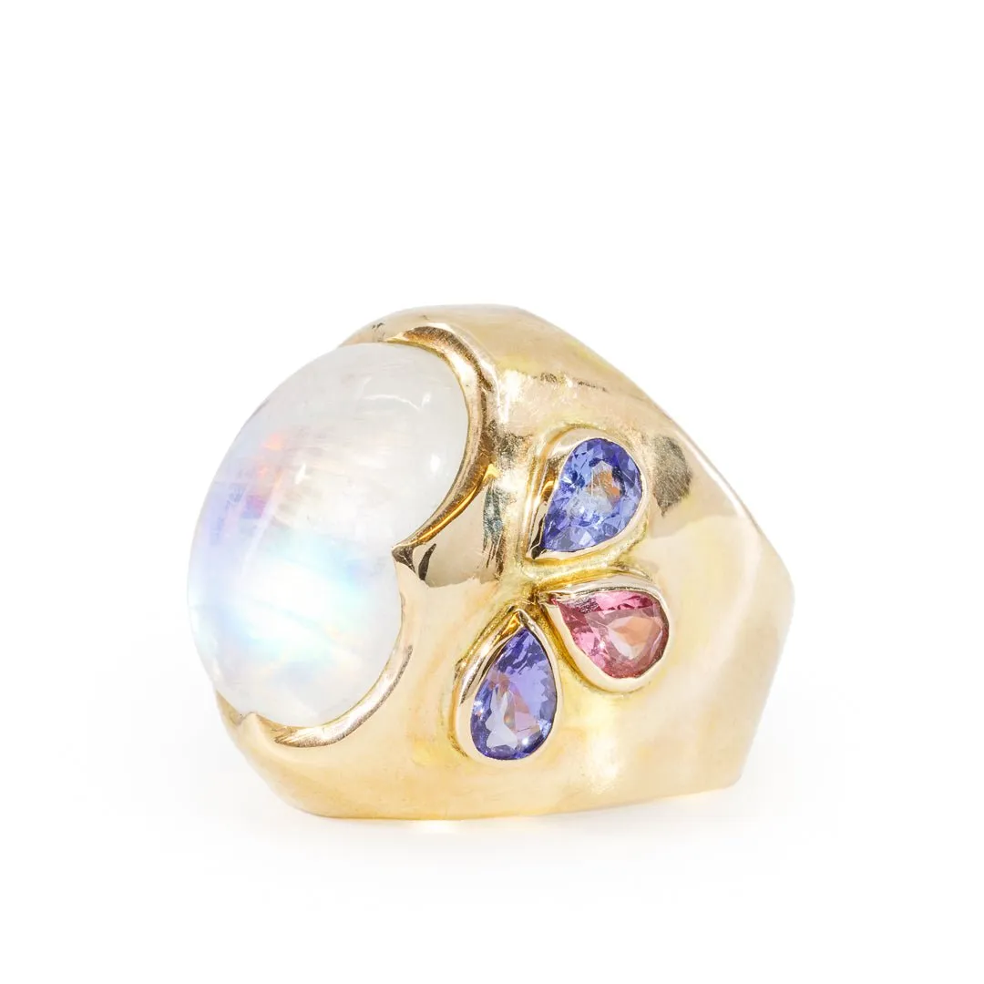 Moonstone 16.41 Carat with Tanzanite and Sapphires 14k Handcrafted Gemstone Ring