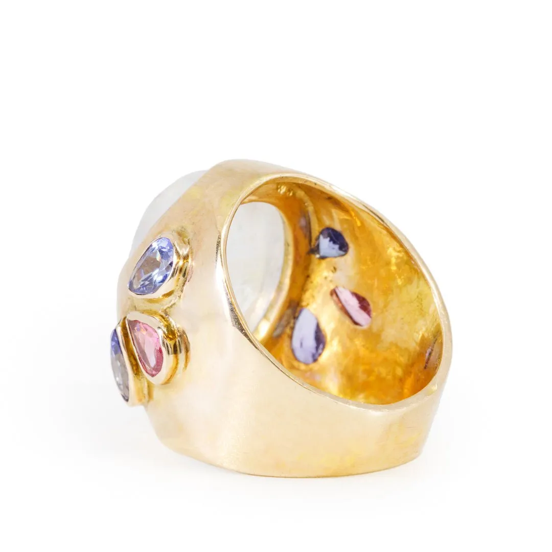 Moonstone 16.41 Carat with Tanzanite and Sapphires 14k Handcrafted Gemstone Ring