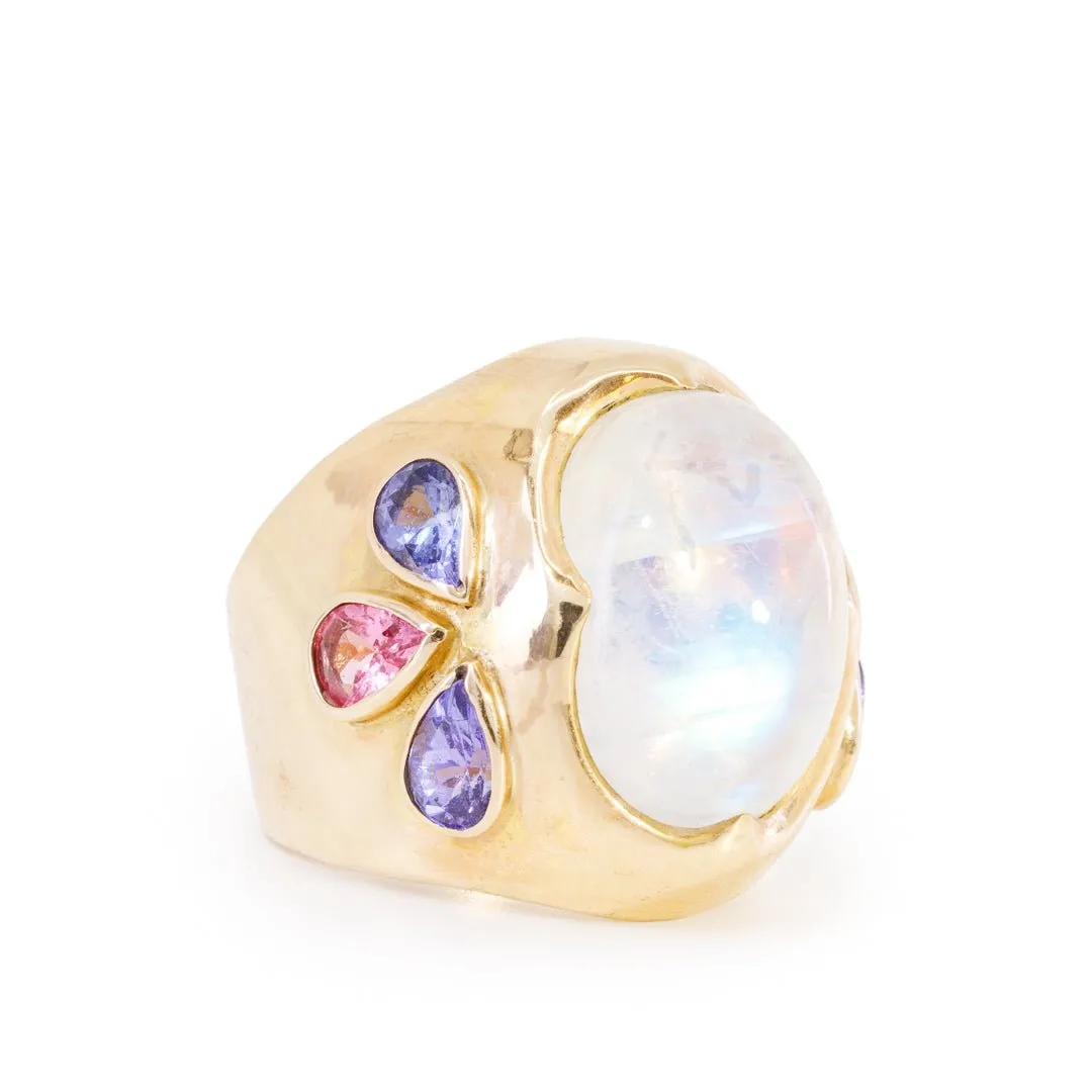 Moonstone 16.41 Carat with Tanzanite and Sapphires 14k Handcrafted Gemstone Ring