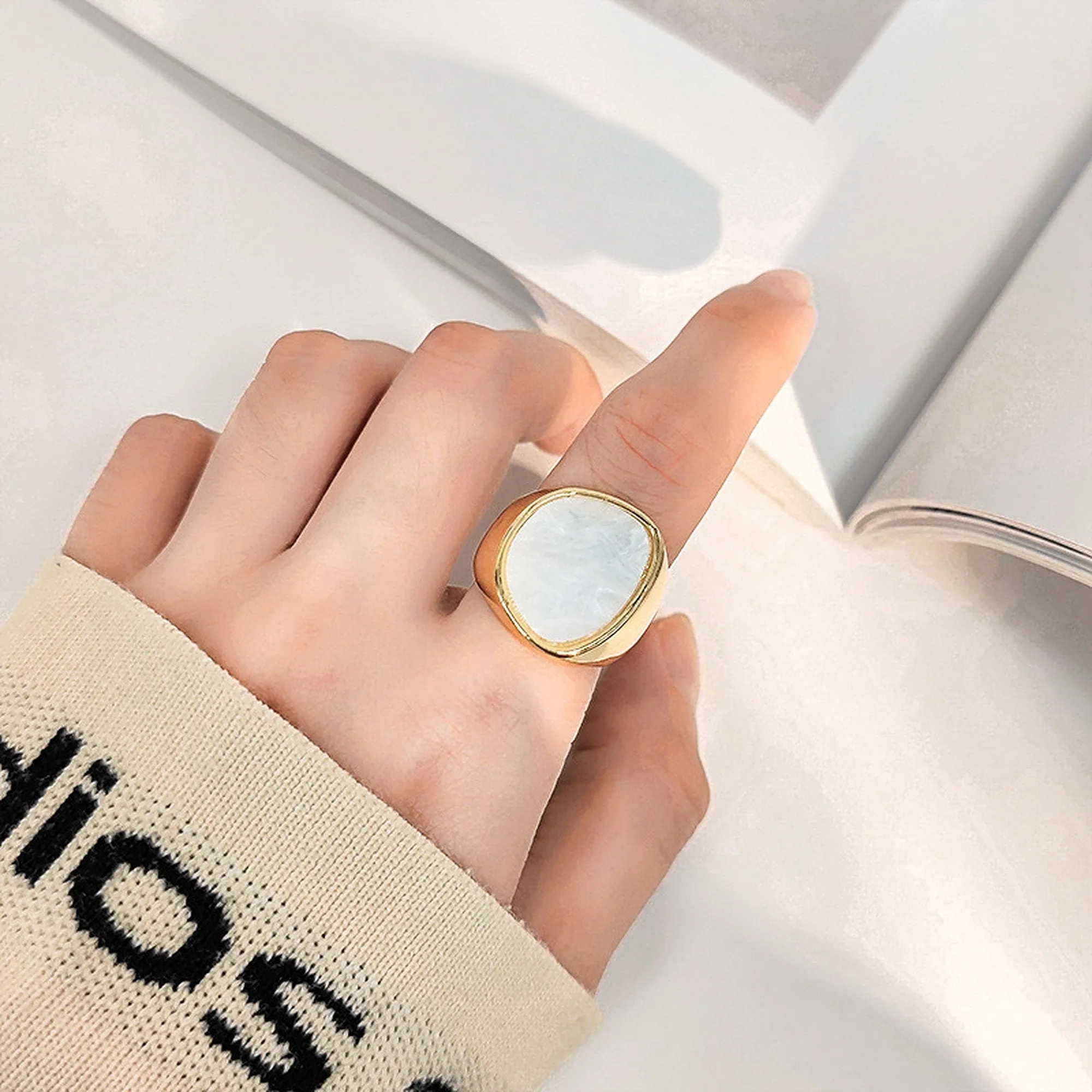 Mother of Pearl White Statement Signet ring